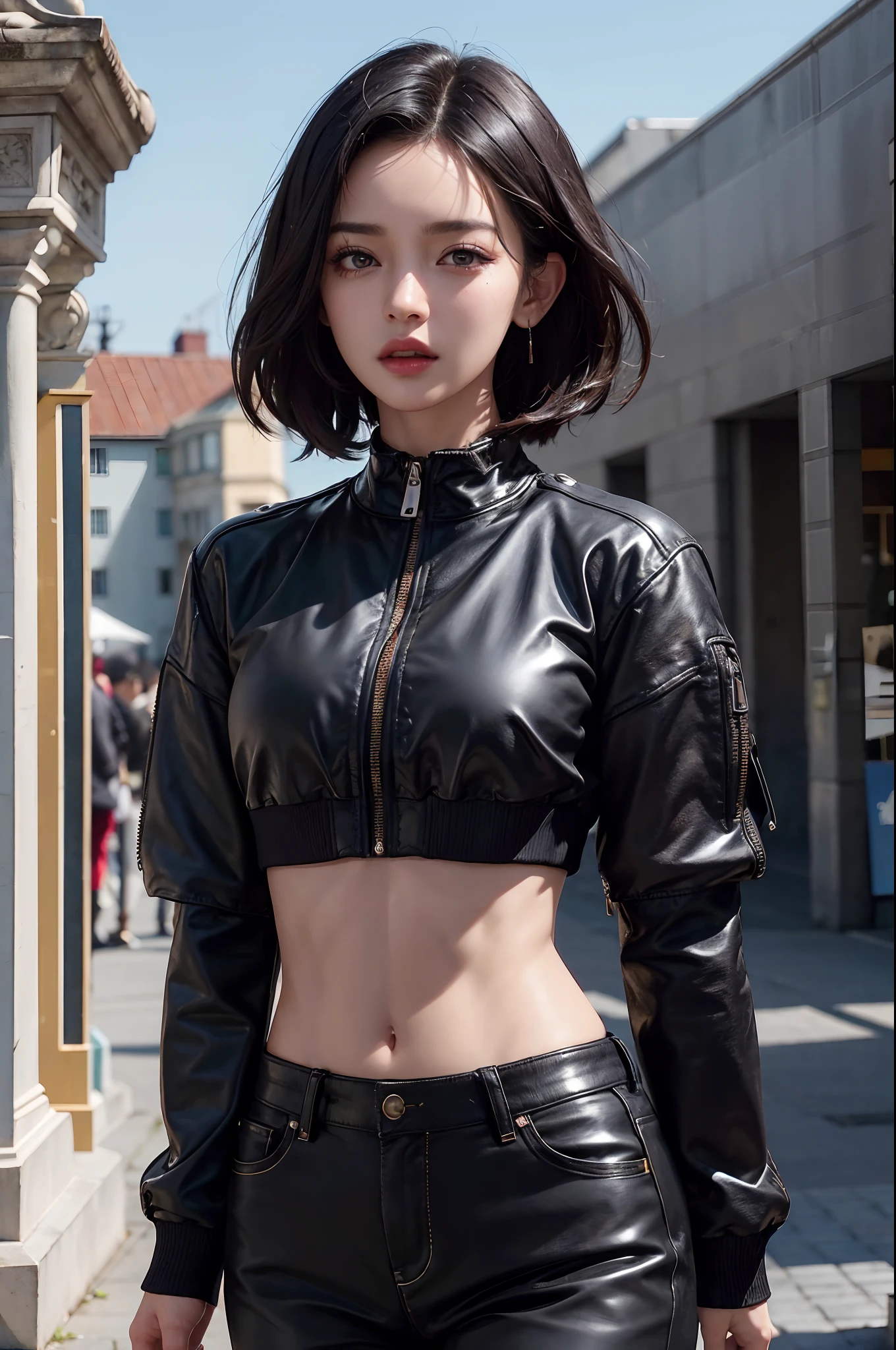 (Forehead, Cropped jacket, Abs, midriff, scowling, Short hair, Black hair, eyes liner:1.3), (Masterpiece, Best quality, Beautiful quality), (Photorealistic:1.4), (Detailed lighting, Extremely detailed skin, Extremely detailed hair, Shadows, 8K, Jihyo photo, 1girll:1.2), view the viewer, (high key lighting), Masterpiece, Top quality, Best quality, offcial art, Unity 8k wallpaper, A high resolution, Ultra-high RES, Ultra-detailed, Beautiful and aesthetic