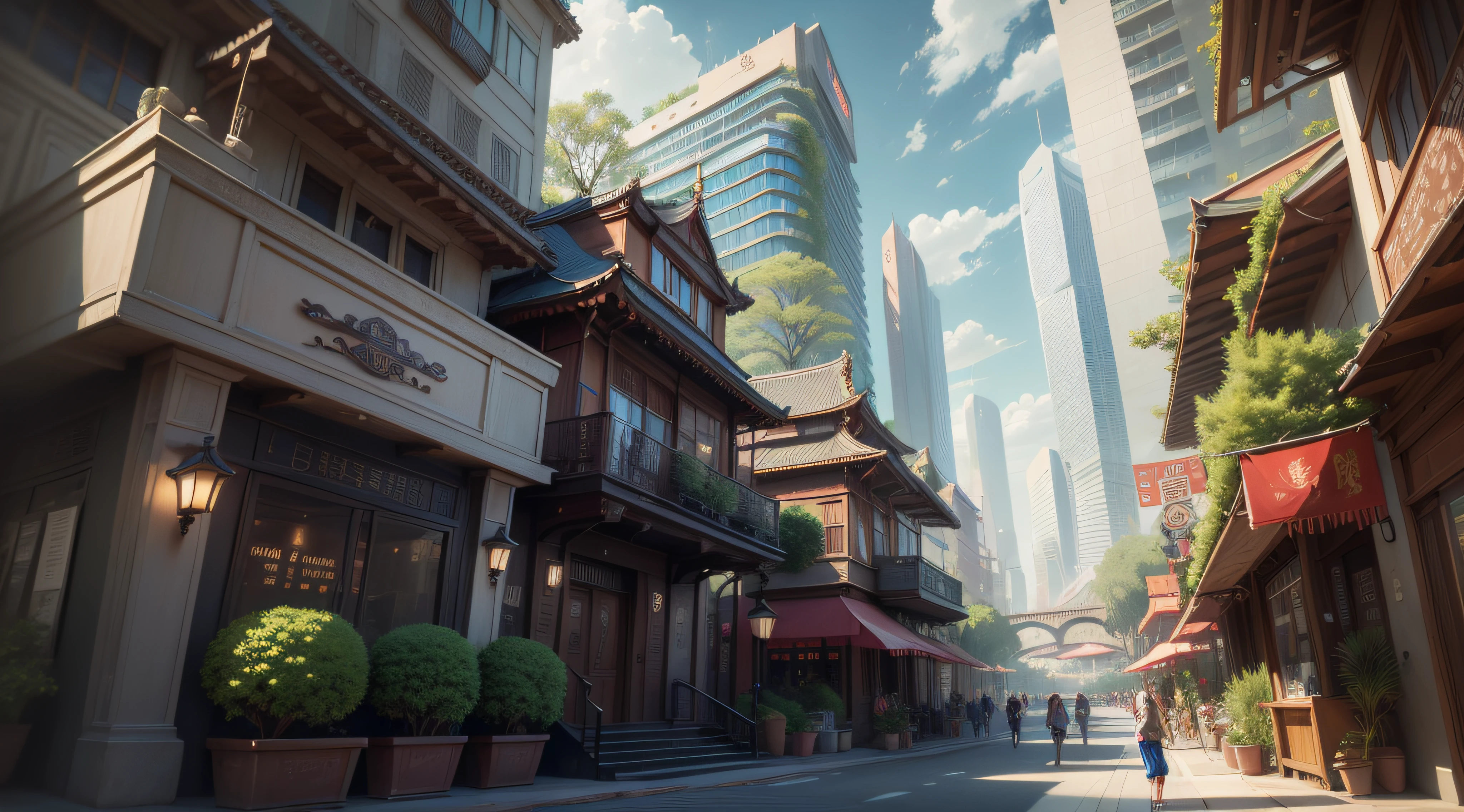 (top-quality,tmasterpiece,超A high resolution８K),(cyber punk perssonage,Cidade futuristica),(Dream, sfv),(epcot),(skyscrapper),{The Chinese courtyard blends with futuristic architecture}