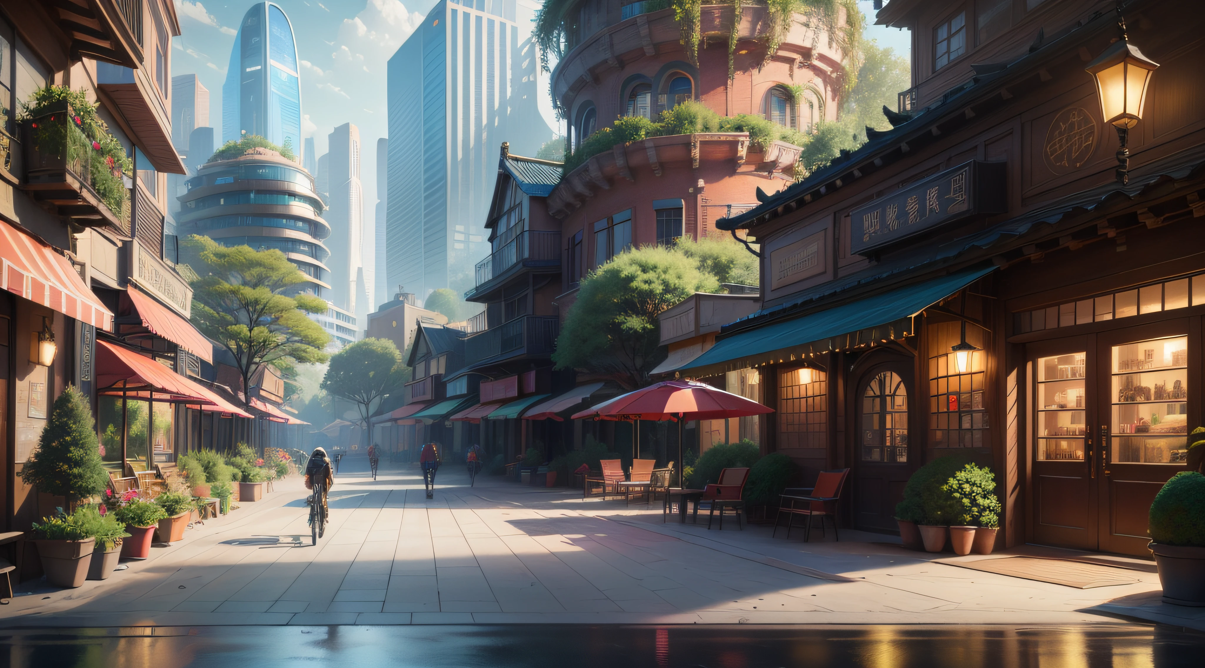 (top-quality,tmasterpiece,超A high resolution8K),(cyber punk perssonage,Cidade futuristica),(Dream, sfv),(epcot),(skyscrapper),{The Chinese courtyard blends with futuristic architecture}