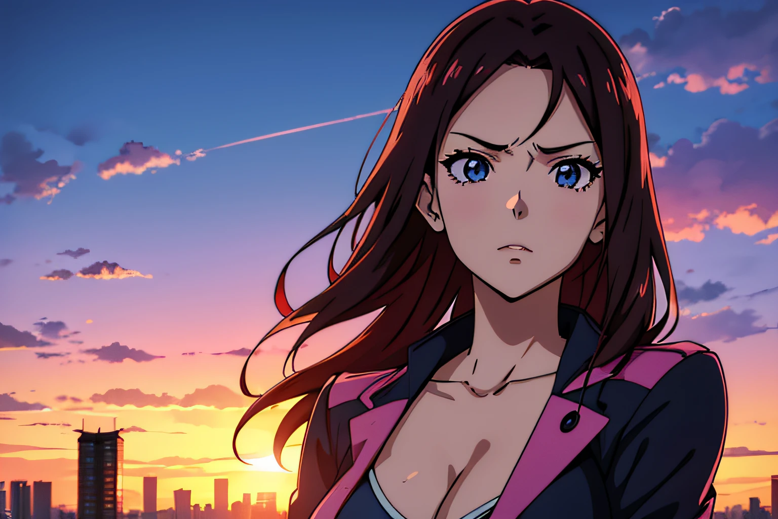 1anime girl, a sexy girl, Average Breasts, The girl is visible to the waist, Synthwave Style Work, Against the backdrop of the sunset of Tokyo, Detailed city. detailized face, 8K, hiquality