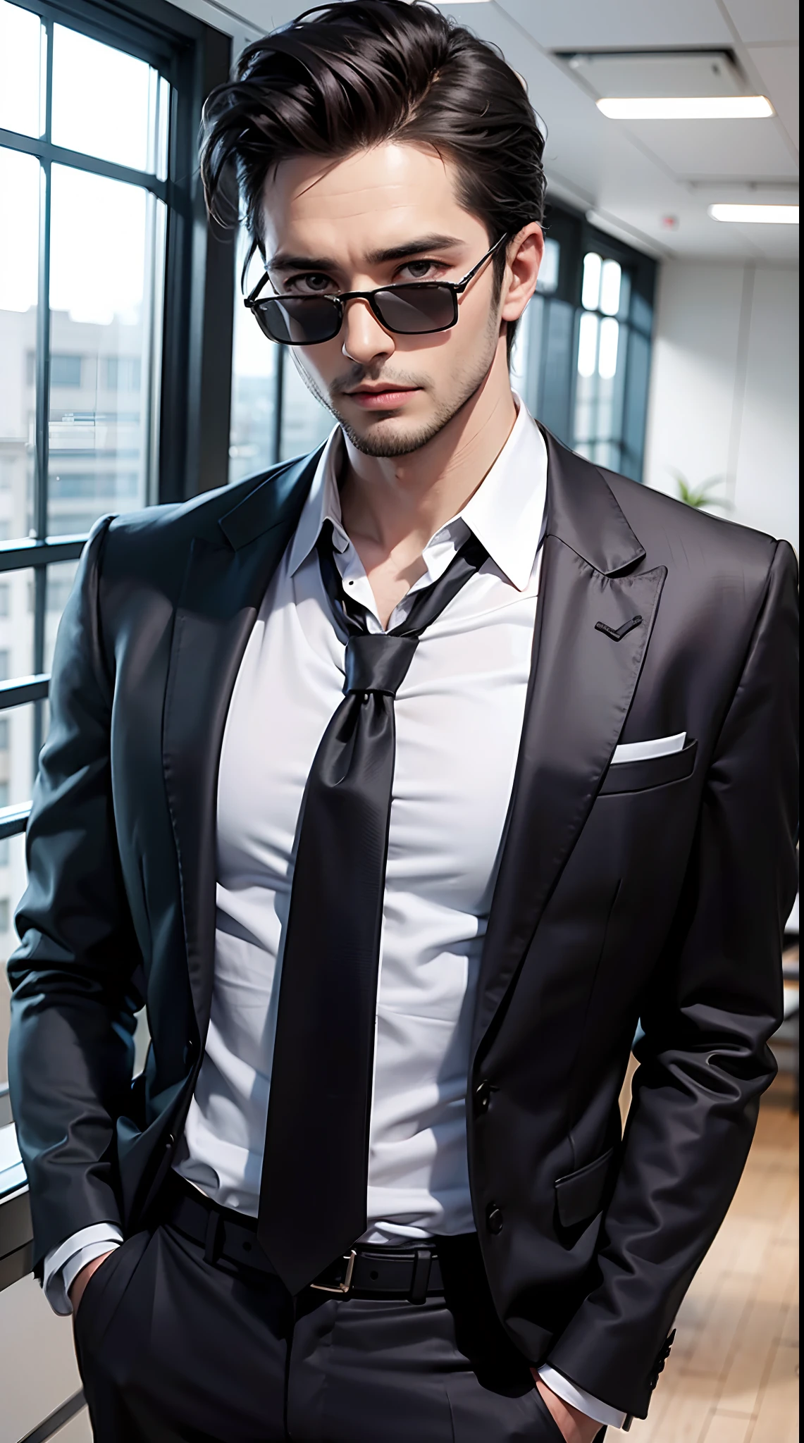 A beautiful sexy man,((male)),in suit,as a business man,modern hair style,wearing a tie,black suit,wearing black sunglasses, in office ,30 years old