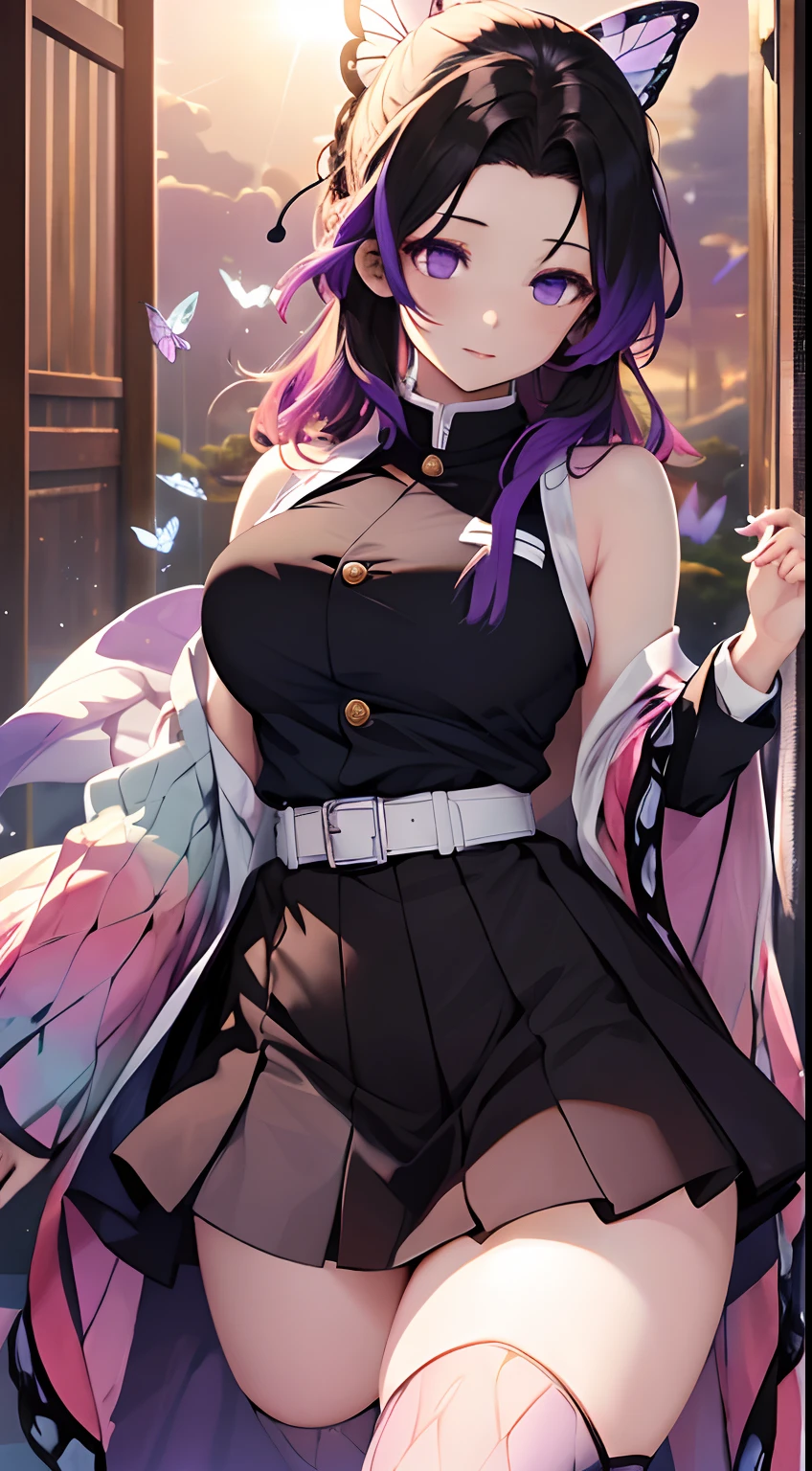 Kochou Shinobu, 1girl,masterpiece, multicolored hair,sleeveless, purple eyes, black jacket,black skirt,uniform, white haori, , multiple butterflies, , laked sunset, lens flare, perfect lighting, highest quality, hands behind, thick thighs, large breasts, highest quality, high resolution, background Sakura