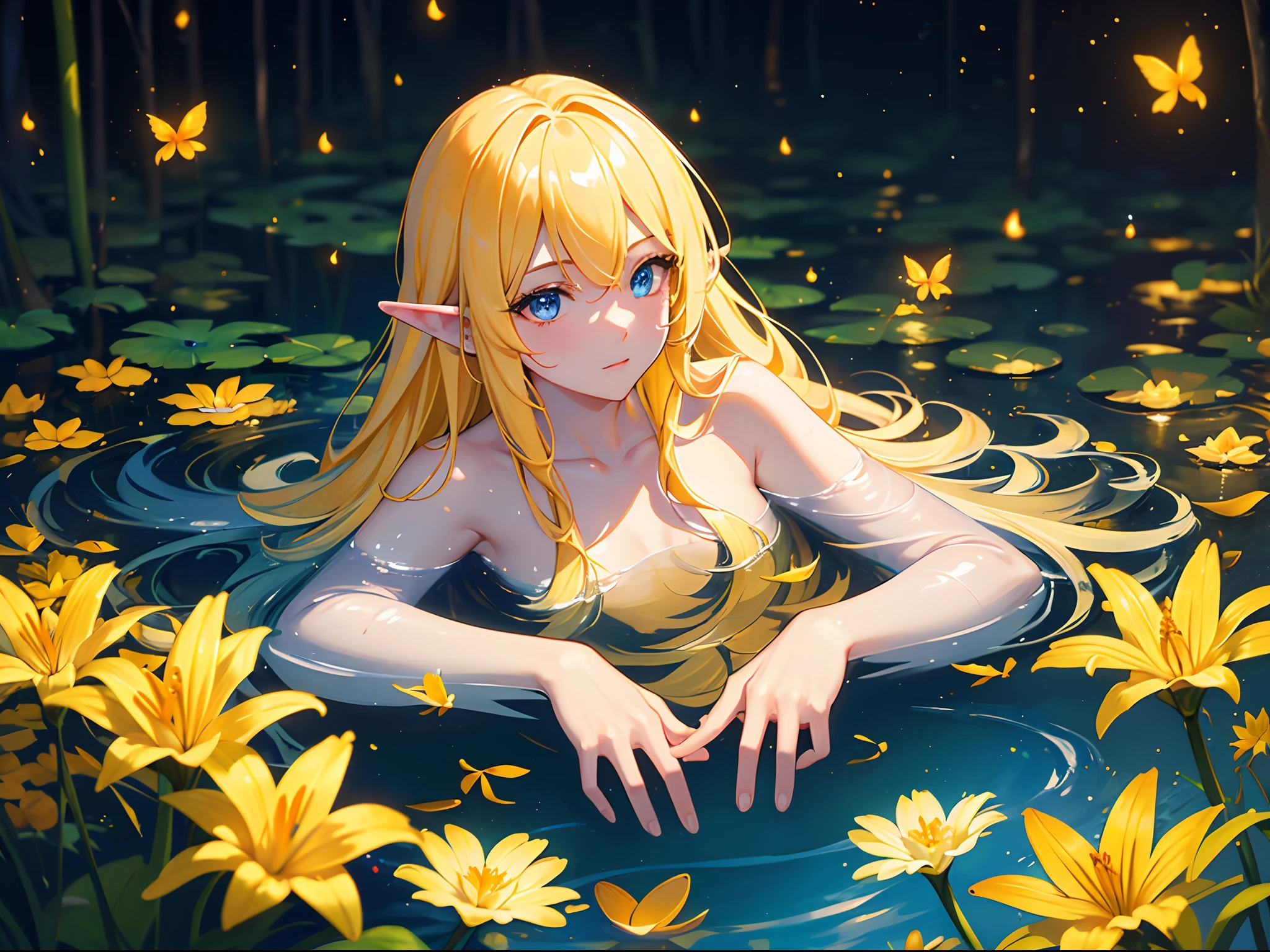 (8k, top quality, masterpiece: 1.2), (realistic, photorealistic: 1.37), super detail, sleeping elf, naked, long yellow hair, shiny blue eyes, flower garden, lots of small faint light and fireflies flying around, night, glistening skin, shiny hair,