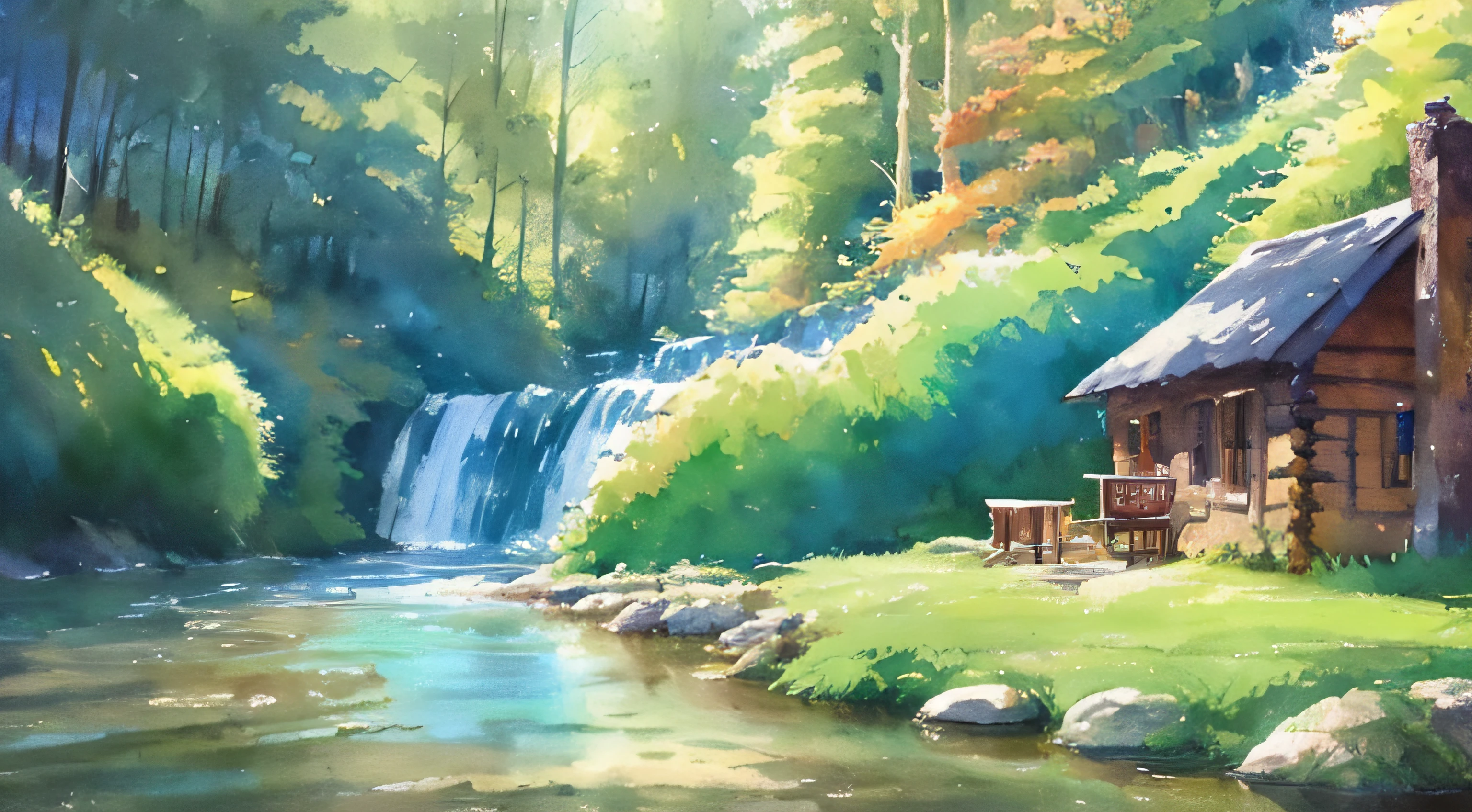 painting of a cabin in a mountain stream with a waterfall, children play around cabin, ((a boat in water )), 4 k watercolor painting, beautiful painting, 4 k, cottage in the forest, beautiful watercolor painting on paper, beautiful digital painting, smooth oil painting, beautiful art uhd 4 k, 8 k hd detailed oil painting, oil digital painting, Inspired by Thomas Kinkade.