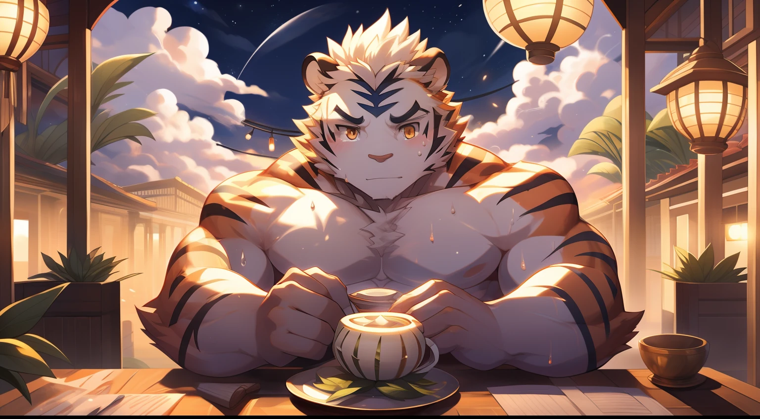 tmasterpiece,the night,anthropomorphic tiger,male people,26 year old,thick white eyebrows,Orange-yellow fur,Strong body,large pecs,Bare topless,Pink milk clusters,white fundoshi,medium bulge,Sit at the table,Drinking green tea,A plate of mooncakes,sweat leggs,Mysterious Expression,Be red in the face,looking toward the viewer,Golden pupils,Strong,Solo,frontage,Classical courtyard,A huge full moon in the sky,Auspicious clouds,paper lanterns,green plant,Red candles