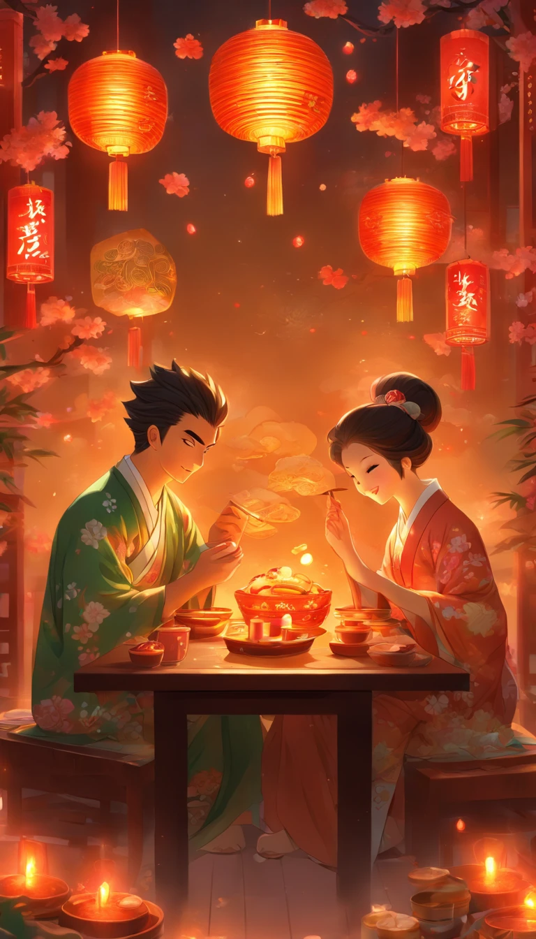 A family eats mooncakes，There are mooncakes on the table, Food in hand, tea drinking and paper lanterns, Bright moon,Chinese style painting, exciting illustration