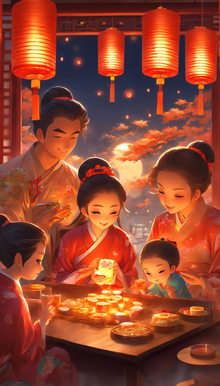 A family eats mooncakes,There are mooncakes on the table, Food in hand, tea drinking and paper lanterns, Bright moon,Chinese style painting, exciting illustration