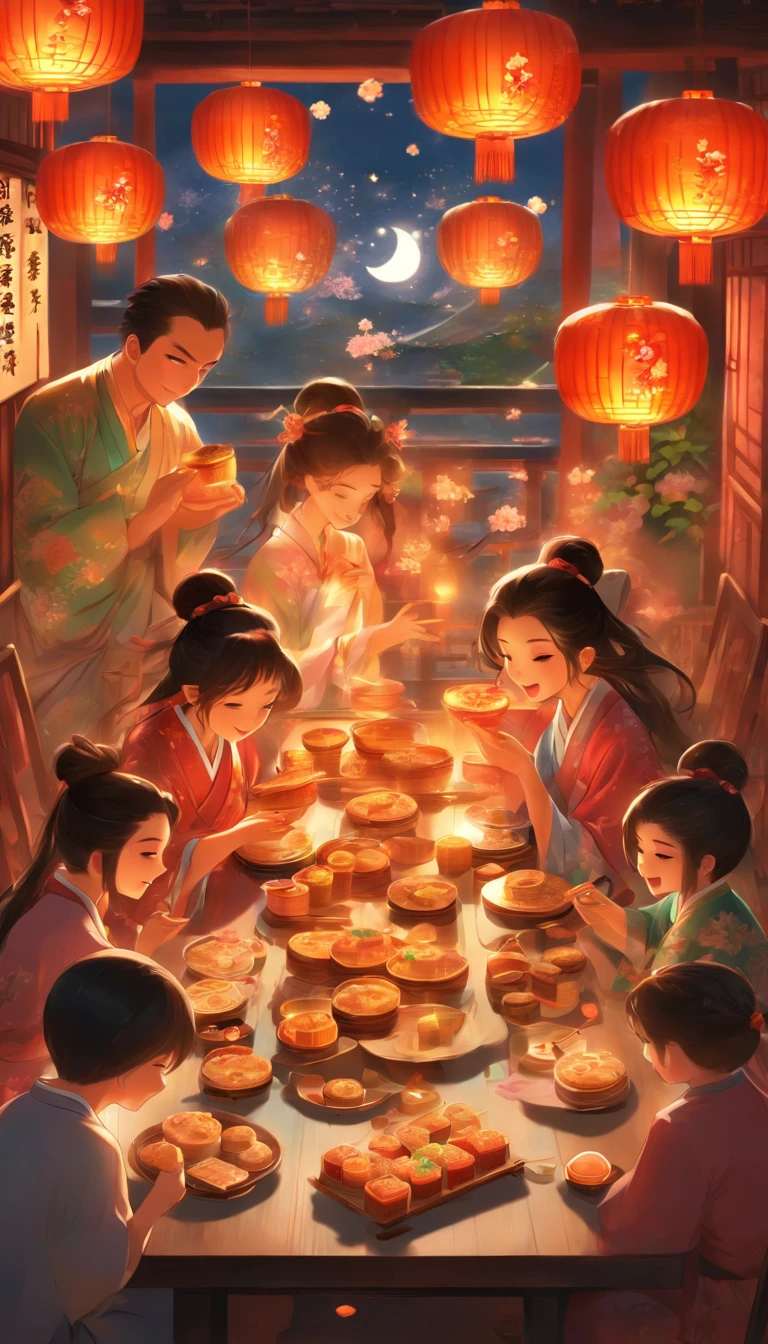 A family eats mooncakes,There are mooncakes on the table, Food in hand, tea drinking and paper lanterns, Bright moon,Chinese style painting, exciting illustration