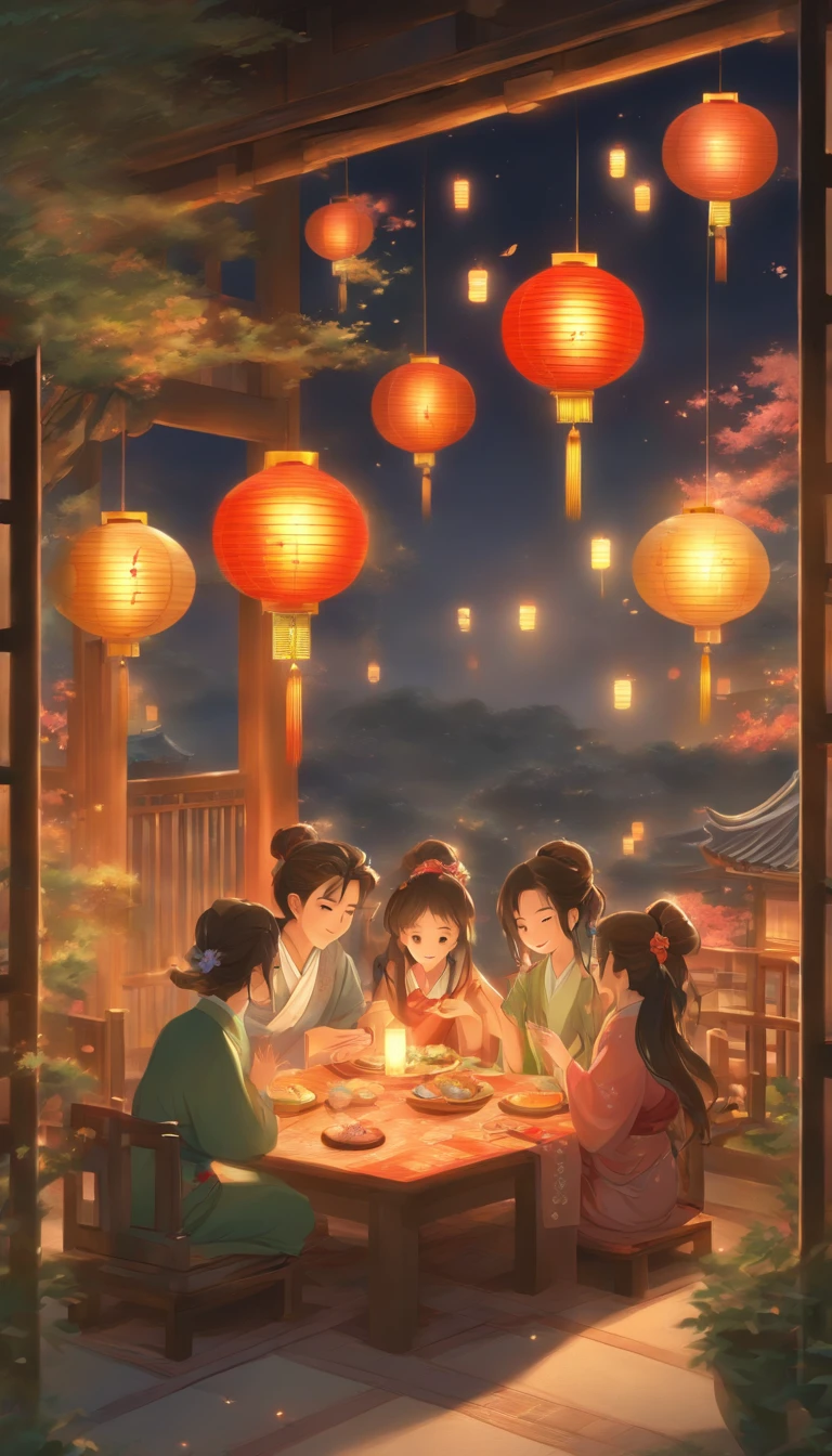 The family sits together, Enjoy a festive dinner, Surrounded by a warm and comfortable atmosphere. The room was beautifully decorated,Equipped with lanterns, Symbolizes the joy of the Mid-Autumn Festival. The table is filled with a variety of delicacies, Includes traditional mooncakes. Moonlight shone through the windows, Cast a soft glow on everyone's face. The family laughed and chatted, Express their love and happiness on this special occasion. The artwork is created with the finest materials, Such as oil painting or high-resolution digital rendering, Ensure the highest quality and detail. The colors are vivid and vibrant, Create visually stunning representations for holiday celebrations. Well-designed lighting, Focus on capturing the warm and tranquil atmosphere of the evening. The artwork is a masterpiece, With ultra-fine elements and realism, Photorealistic style. The moon in the night sky is depicted as a perfect circle, Represents the full moon of the Mid-Autumn Festival. The scene was full of fun, Love, and togetherness, Capture the essence of the festival.You can see the round moon hanging high