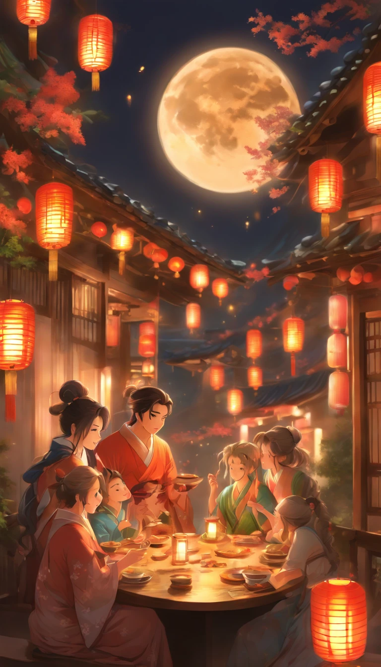 The family sits together, Enjoy a festive dinner, Surrounded by a warm and comfortable atmosphere. The room was beautifully decorated,Equipped with lanterns, Symbolizes the joy of the Mid-Autumn Festival. The table is filled with a variety of delicacies, Includes traditional mooncakes. Moonlight shone through the windows, Cast a soft glow on everyone's face. The family laughed and chatted, Express their love and happiness on this special occasion. The artwork is created with the finest materials, Such as oil painting or high-resolution digital rendering, Ensure the highest quality and detail. The colors are vivid and vibrant, Create visually stunning representations for holiday celebrations. Well-designed lighting, Focus on capturing the warm and tranquil atmosphere of the evening. The artwork is a masterpiece, With ultra-fine elements and realism, Photorealistic style. The moon in the night sky is depicted as a perfect circle, Represents the full moon of the Mid-Autumn Festival. The scene was full of fun, Love, and togetherness, Capture the essence of the festival.You can see the round moon hanging high