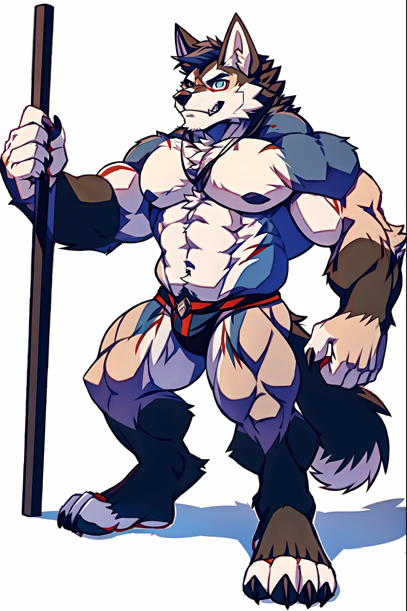 Human-wolf,musculous,Hairy all over,clawed paws,erect through