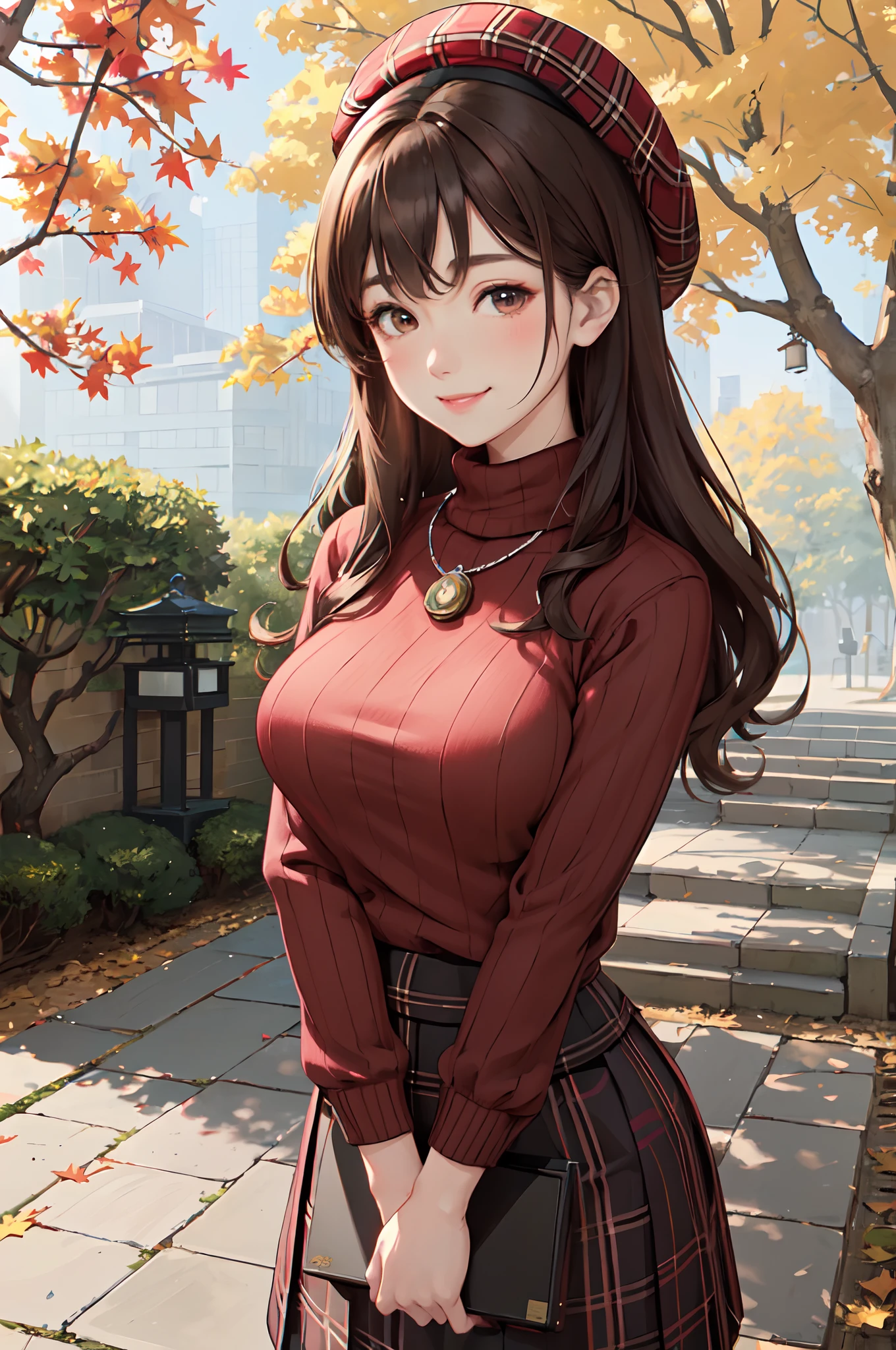 1lady standing, mature female, /(ribbed sweater/) /(red plaid skirt/) beret necklace, /(brown hair/) bangs, blush kind smile, (masterpiece best quality:1.2) delicate illustration ultra-detailed, large breasts, arms down BREAK /(pubric park outdoors/) bricks road, autumn foliage trees, japanese shrine, detailed background