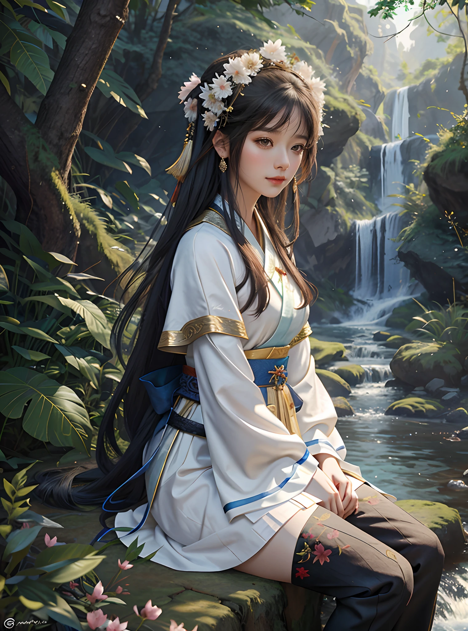 girl sitting on rock in front of waterfall, palace, girl in Hanfu, Guvez style artwork, beautiful girl, fantasy art style, beautiful portrait, beautiful girl, long-haired girl, beautiful character painting, Chinese goddess, Guviz, 2. 5d CGI fantasy artwork, beautiful fantasy