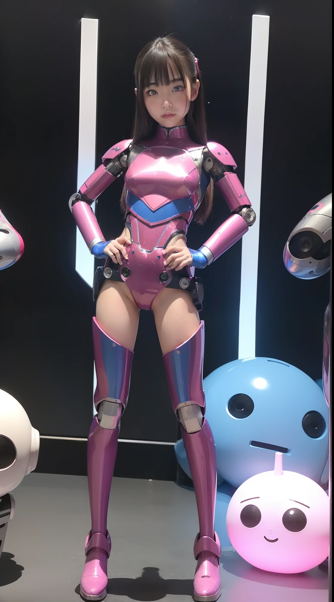 (Photorealsitic:1.4)、One girl、(top-quality)、(hyperdetailed face)、(Super well-formed face)、((Robot Parts))、(Robot Girl)、(Blue)、(pink there)、(Burgundy)、(metallic)、(full-body)、(sexy  pose)、(Slender body)、(Model body type)、(full body mech)、(Akihabara)、(is looking at the camera)、(A dark-haired)、(Well-proportioned girl)、(a small face)、(Idol)、(front facing)、(Standing with legs open)、(Hands on hips)、(Photo session)、(Looks sad)、(Perfect Robot Girl)、(Perfect machine body)