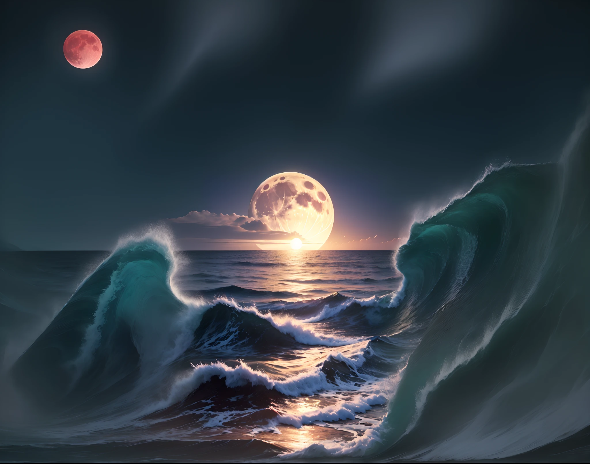 A view of the full moon rising over the sea, chaotic sea setting, fantasy sea landscape, Beautiful ocean, beautiful waves in sea, Red Moon on stormy seas, refracted moon on the ocean, swell sea, moonlit ocean, wild ocean background, Sea waves, waves crashing in the sea, vaporwave surreal ocean, soaring waves