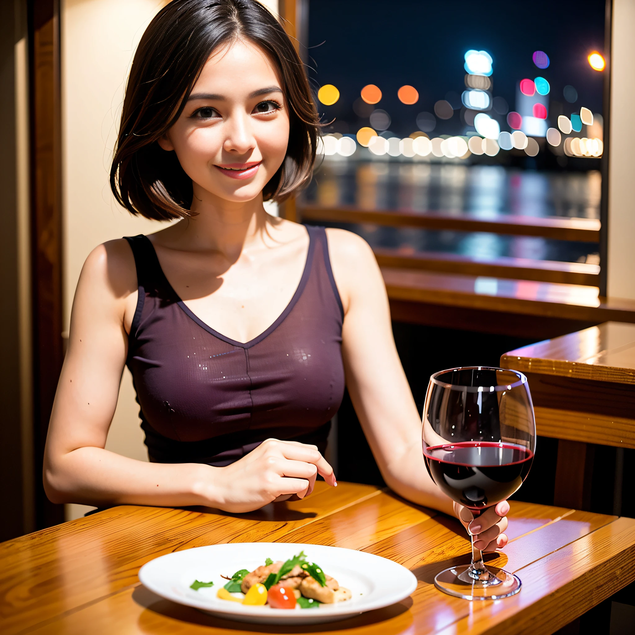 (64K, UHD, top quality, masterpiece: 1.2), (realistic, photorealistic: 1.37), super detailed, pretty woman 1 person, (slim face), (slim body), (brown hair), (short cut), cheeks slightly blushing, (44 years old), 38 years old, solo, beautiful detailed urban night view outside the window, restaurant, wine glasses sit, at night, in a prominent placeNovaFrogStyle, Actress, Model, Waist Up, White Wine, Slim, Wine Glass, Super Clean Night View, Wine Glass Put in the Middle, Happy Smile, (Smile: 1.15), Beautiful Fine Eyes, Upper Body, Bust Japan Up, Night, Short, Short, Actress, Model, Waist Up, White Wine, Slim, Wine Glass, Super Clean Night View, Wine Glass Put in the Middle, Happy Smile,