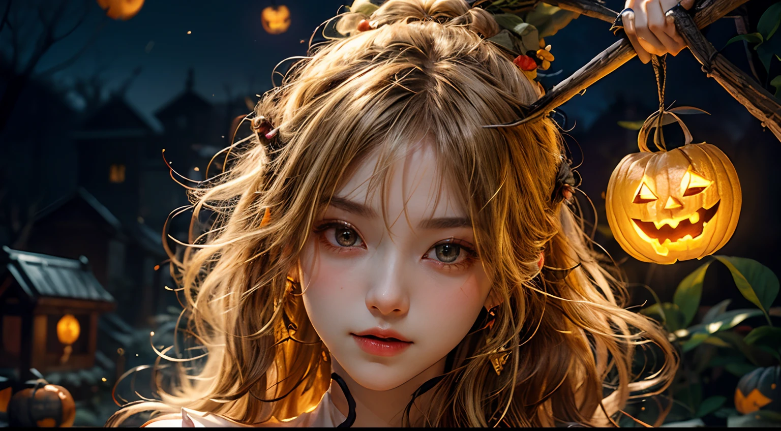 (masterpiece、top-quality、top-quality、Beautifully Aesthetic:1.2)、girl with blonde long hair, (((Cute Shining Jack Lantern Head Girl)))、((I can't see the girl's face))、halloween night、highly detailed、colourfull、highestdetailed, centered image, midshot