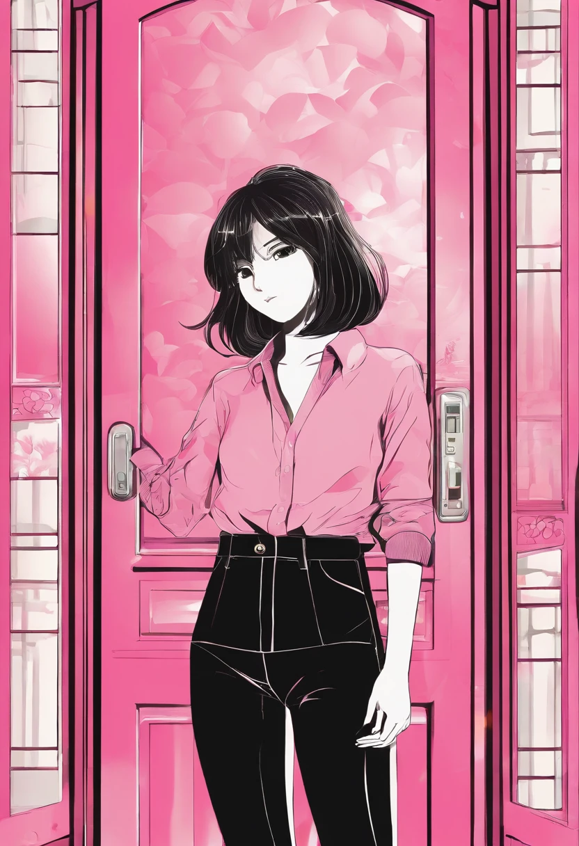 A woman in a pink shirt stood in front of the door,