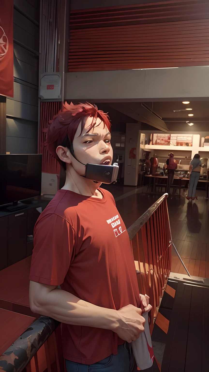 Luffy from onepiece, wearing oxygen shirt, red haired, award winning quality, high quality,