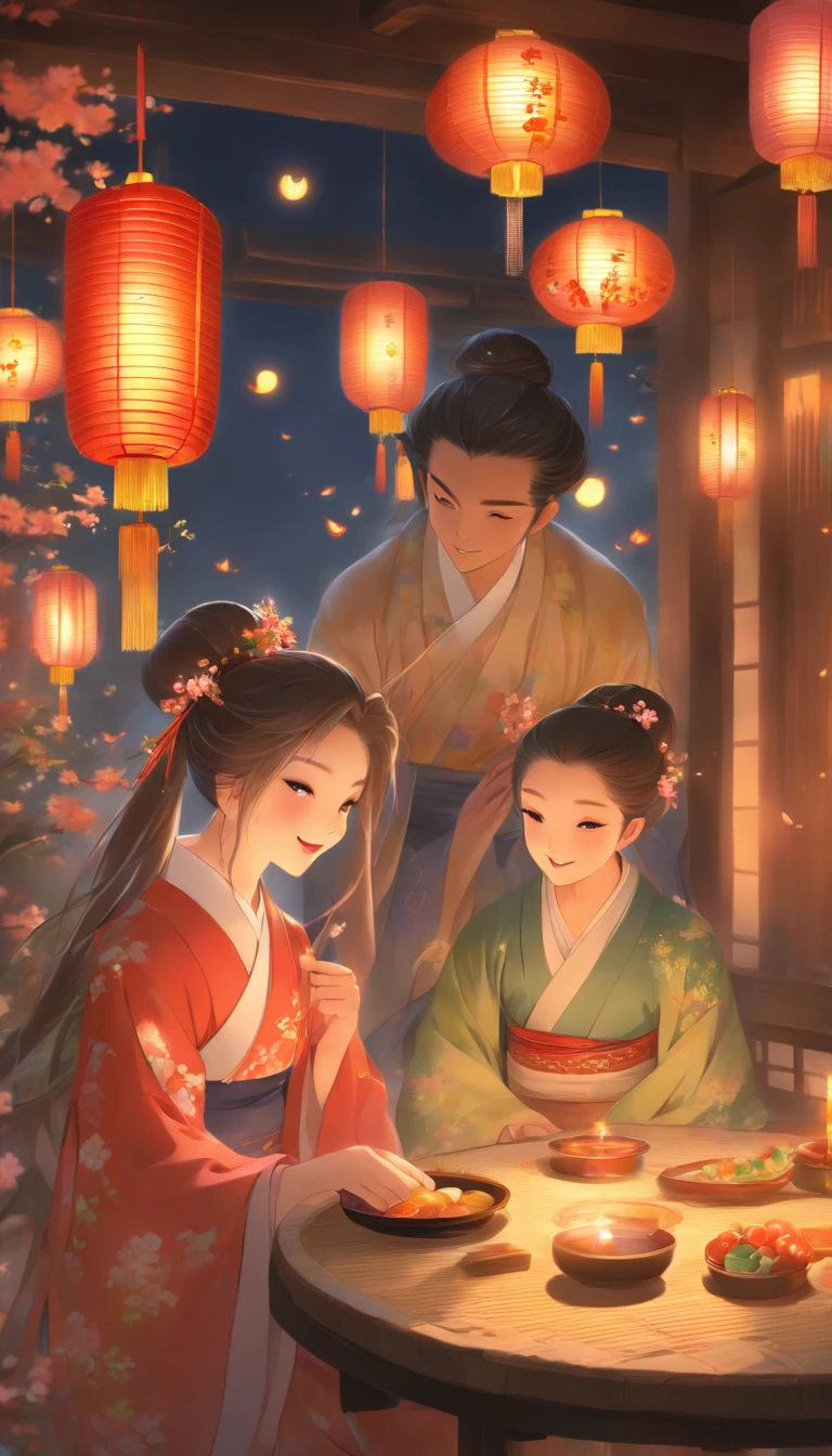 The family sat together in Hanfu, Enjoy a festive dinner, Surrounded by a warm and comfortable atmosphere. The room was beautifully decorated,Equipped with lanterns, Symbolizes the joy of the Mid-Autumn Festival. The table is filled with a variety of delicacies, Includes traditional mooncakes. Moonlight shone through the windows, Cast a soft glow on everyone's face. The family laughed and chatted, Express their love and happiness on this special occasion. The artwork is created with the finest materials, Such as oil painting or high-resolution digital rendering, Ensure the highest quality and detail. The colors are vivid and vibrant, Create visually stunning representations for holiday celebrations. Well-designed lighting, Focus on capturing the warm and tranquil atmosphere of the evening. The artwork is a masterpiece, With ultra-fine elements and realism, Photorealistic style. The moon in the night sky is depicted as a perfect circle, Represents the full moon of the Mid-Autumn Festival. The scene was full of fun, Love, and togetherness, Capture the essence of the festival.You can see the round moon hanging high