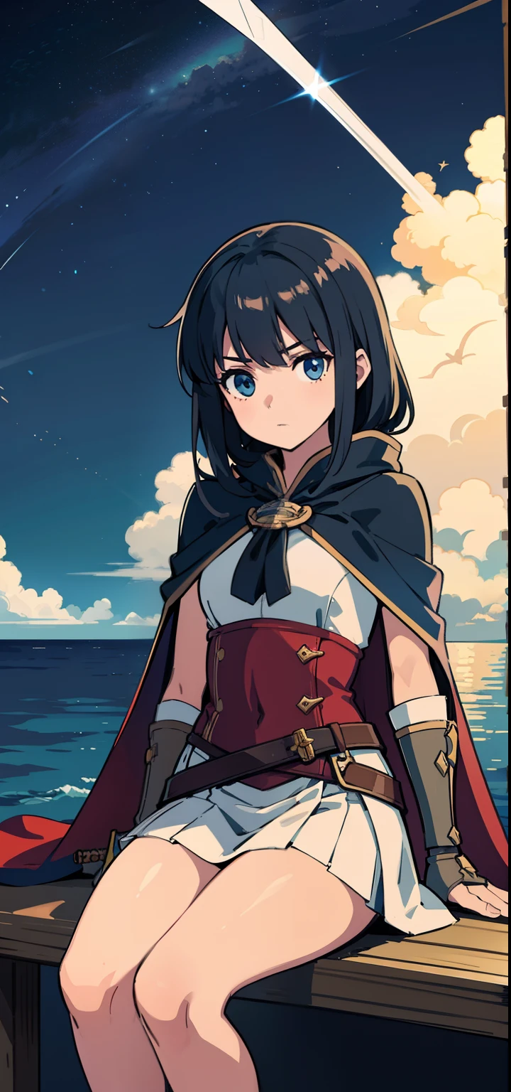 Girl sitting on a boat, Sword in hand, Cape, feeling of solitude, high resolution, Sea of Stars, Vistas, Romance, smallness