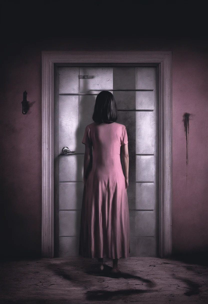 A woman in a pink shirt stood in front of the door