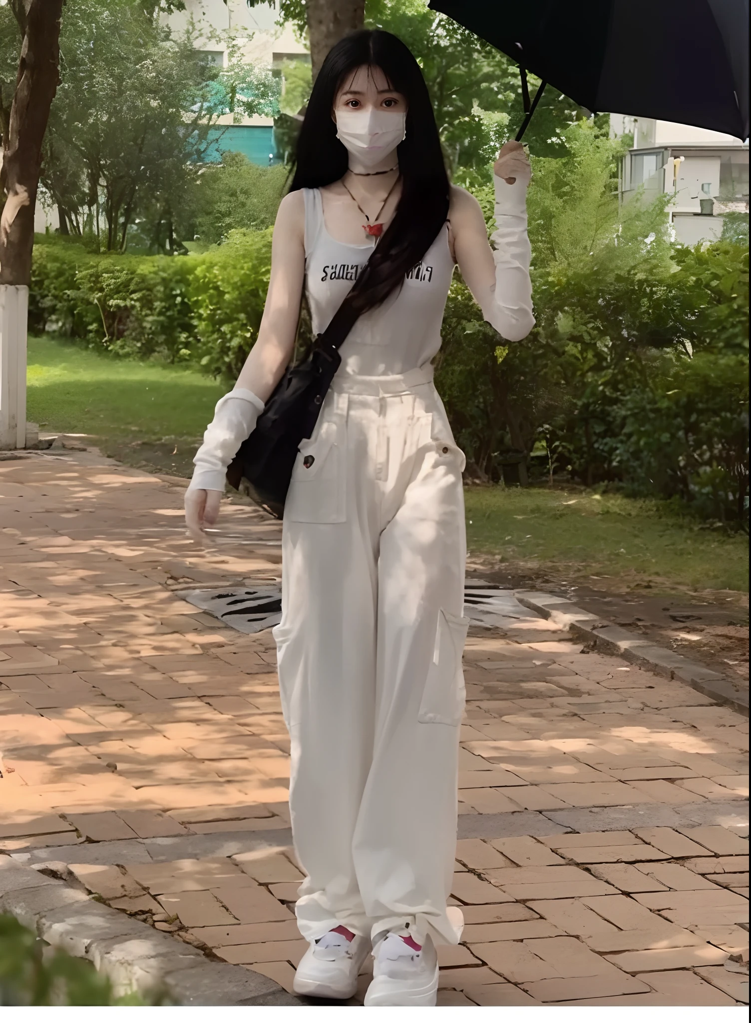 A masked arapi woman walks down a brick walkway with an umbrella, full-body xianxia, dressed with dungarees, dressed with long fluent clothes, extremely pale, y 2 k style, Y2K style, wearing off - white style, intriguing outfit, 2 4 year old female model, Style anime, full body cute young lady, Full body picture