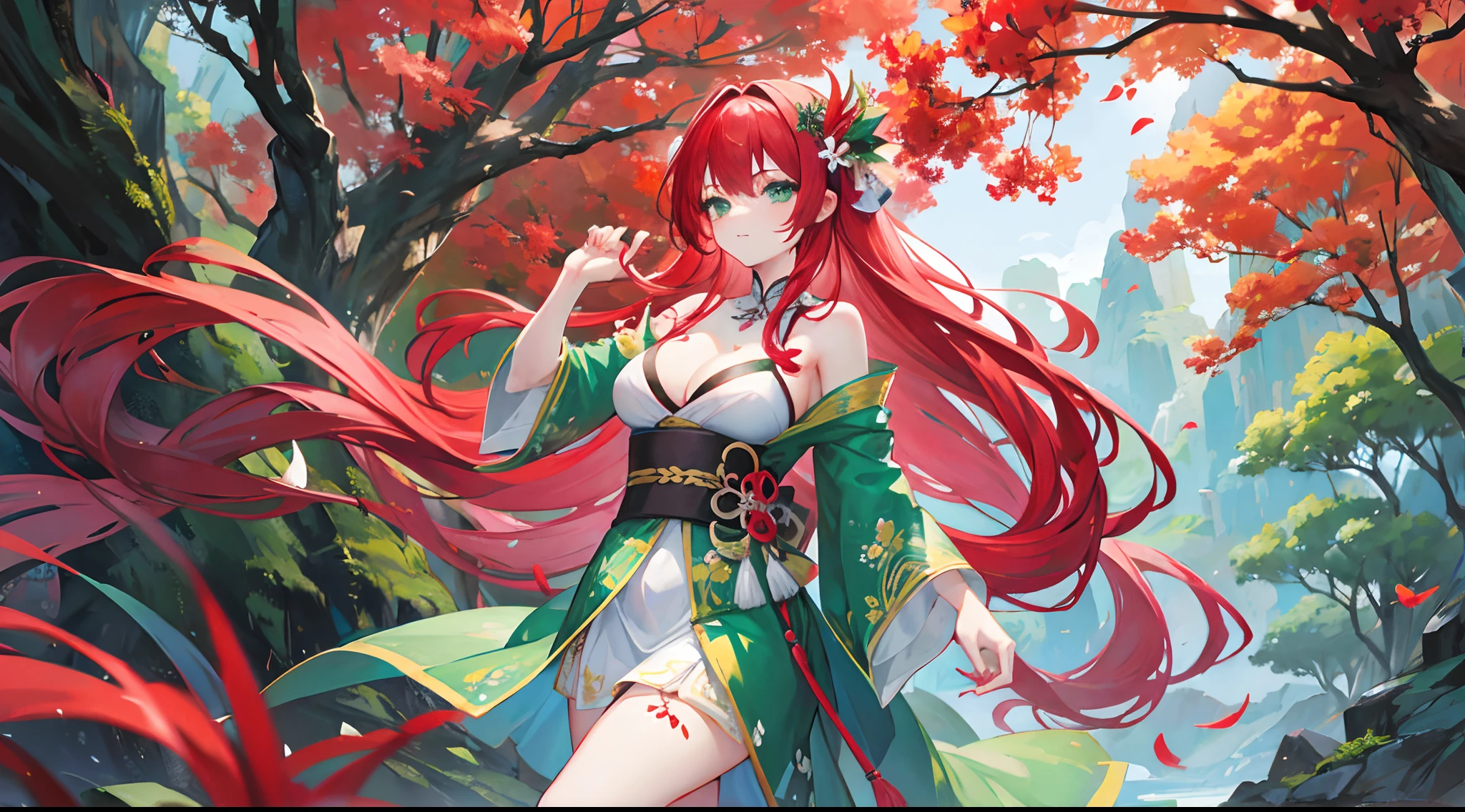 masterpiece, best quality, highres BREAK 1 girl, red hair, very long hair, long hair, thin waist, large breasts, spider lily in hair, ([pretty face|perfect face|beautiful face]), happy, ((dancing)) BREAK green eyes BREAK green kimono BREAK spider lily flowers, asian fantasy background, tree, outdoors,