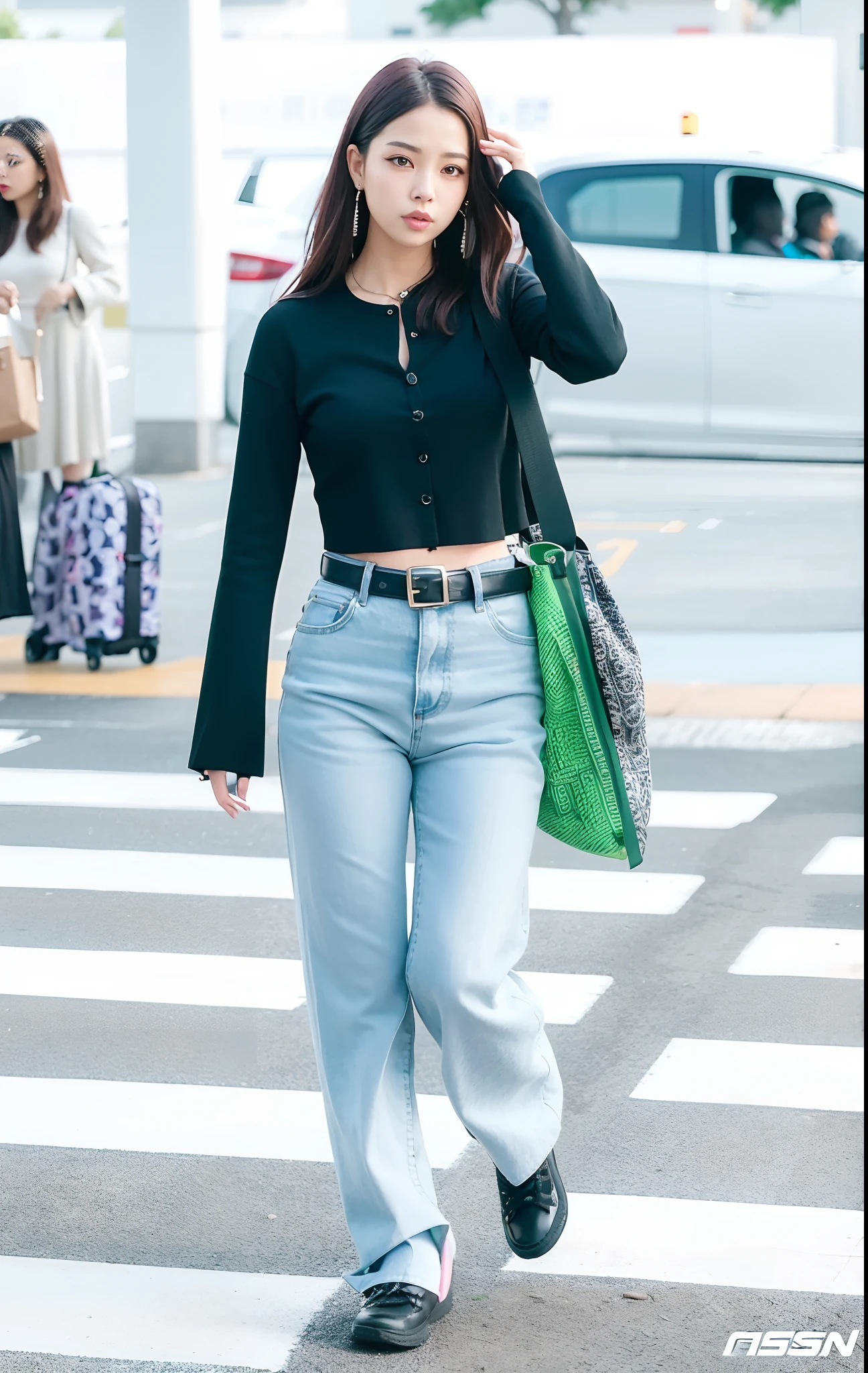 Araf woman walking across a crosswalk with a green bag, wearing a cropped top, exposed midriff, wearing a cropped top, jisoo of blackpink, bae suzy, jisoo from blackpink, cropped wide sleeve, blackpink jennie, wearing sexy cropped top, big breasts thin waist, wearing a cropped black tank top, Thin waist, cropped shirt with jacket