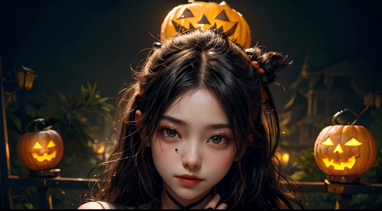 (​masterpiece、top-quality、top-quality、Beautifully Aesthetic:1.2)、girl with black long hair, (((Cute Shining Jack Lantern Head Girl)))、((I can't see the girl's face))、halloween night、highly detailed、colourfull、highestdetailed, centered image, midshot