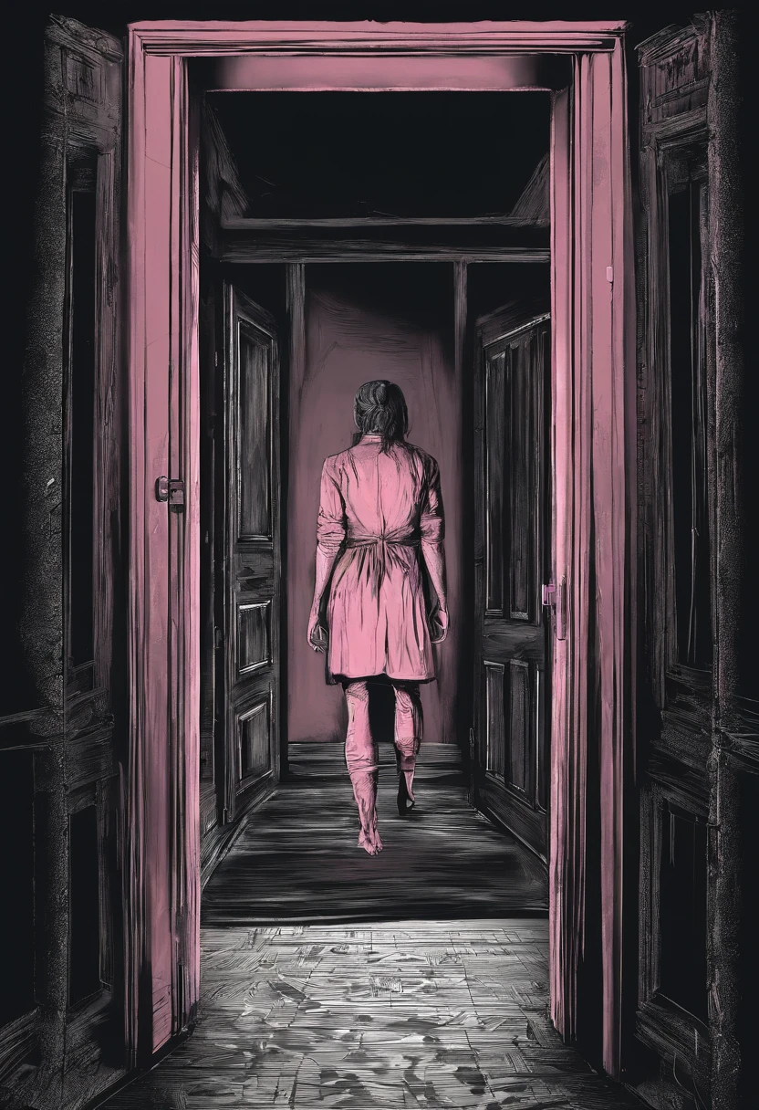 A woman in a pink shirt stood in front of the door,Black and white background