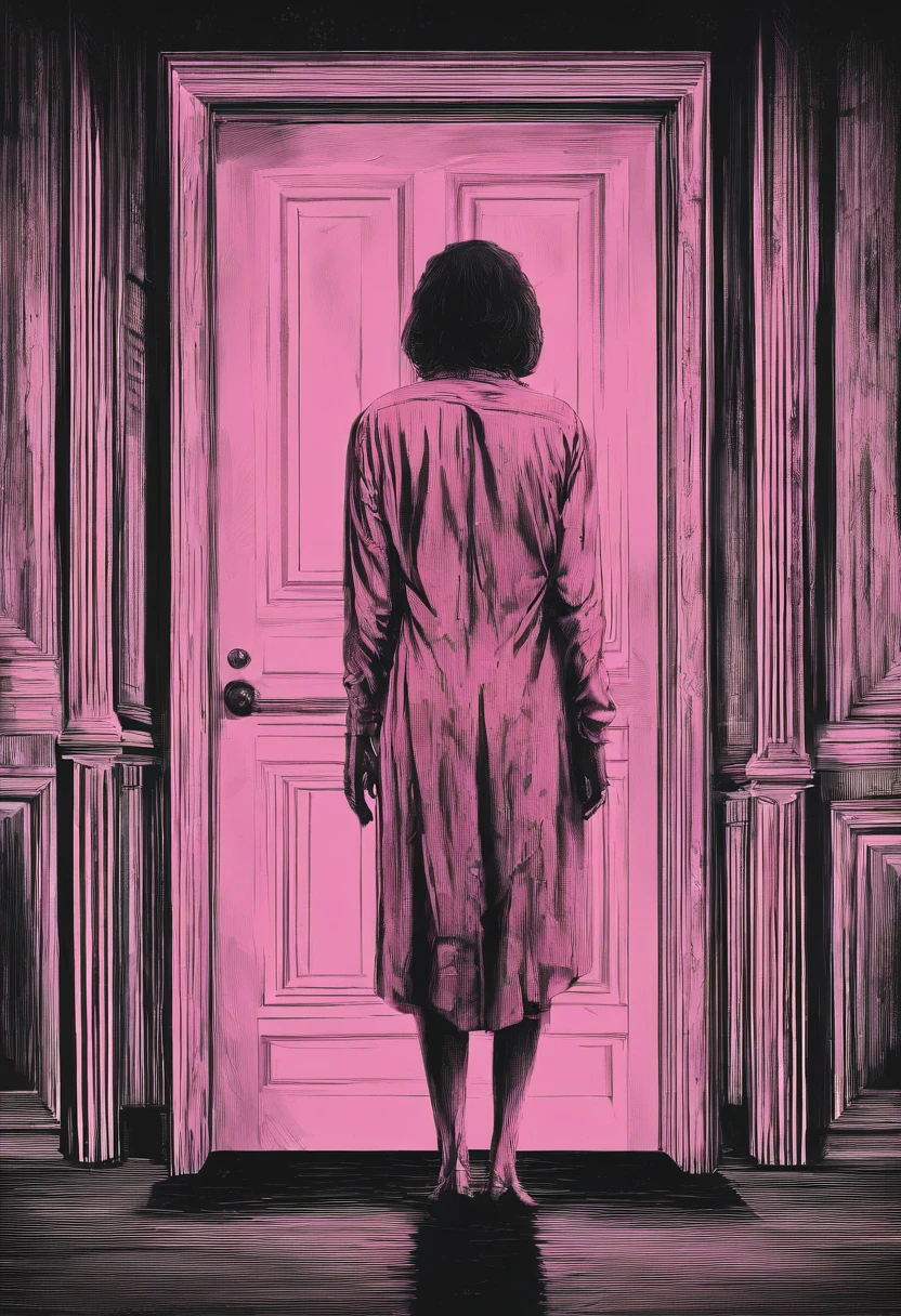 A woman in a pink shirt stood in front of the door,Black and white background