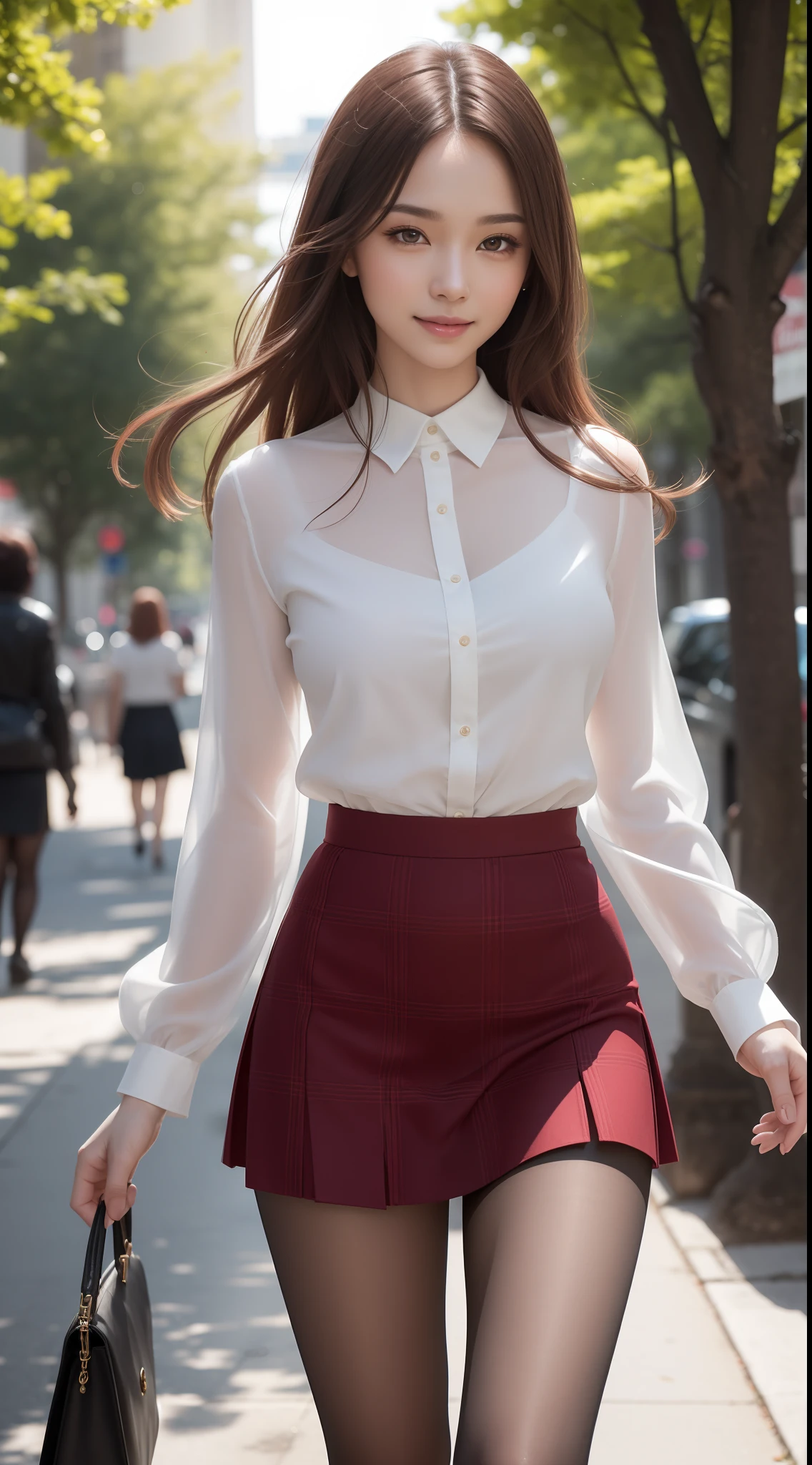8k, masterpiece, RAW photo, best quality, photorealistic, extremely detailed CG unity 8k wallpaper, Depth of field, Cinematic Light, Lens Flare, Ray tracing, (extremely beautiful face, beautiful lips, beautiful eyes), intricate detail face, ((ultra detailed skin)) 1girl, in the dark, deep shadow, pretty asian girl, 1 girl, (very slim slender fit-muscled body:1.3), ((looking at viewer)),(big smile:1.3), (short skirt ), (red mini skirt ), pantyhose, clear eyes, walking , front shot, (pale skin), (big eyes), face forward, (red shirt), (brown hairs), ((laced blouse)),,(looking at viewer:1.3) very slim, medium breasts, (camel toe), laced black stockings, street, buildings, tree, sunny, (plaid skirt), high heels