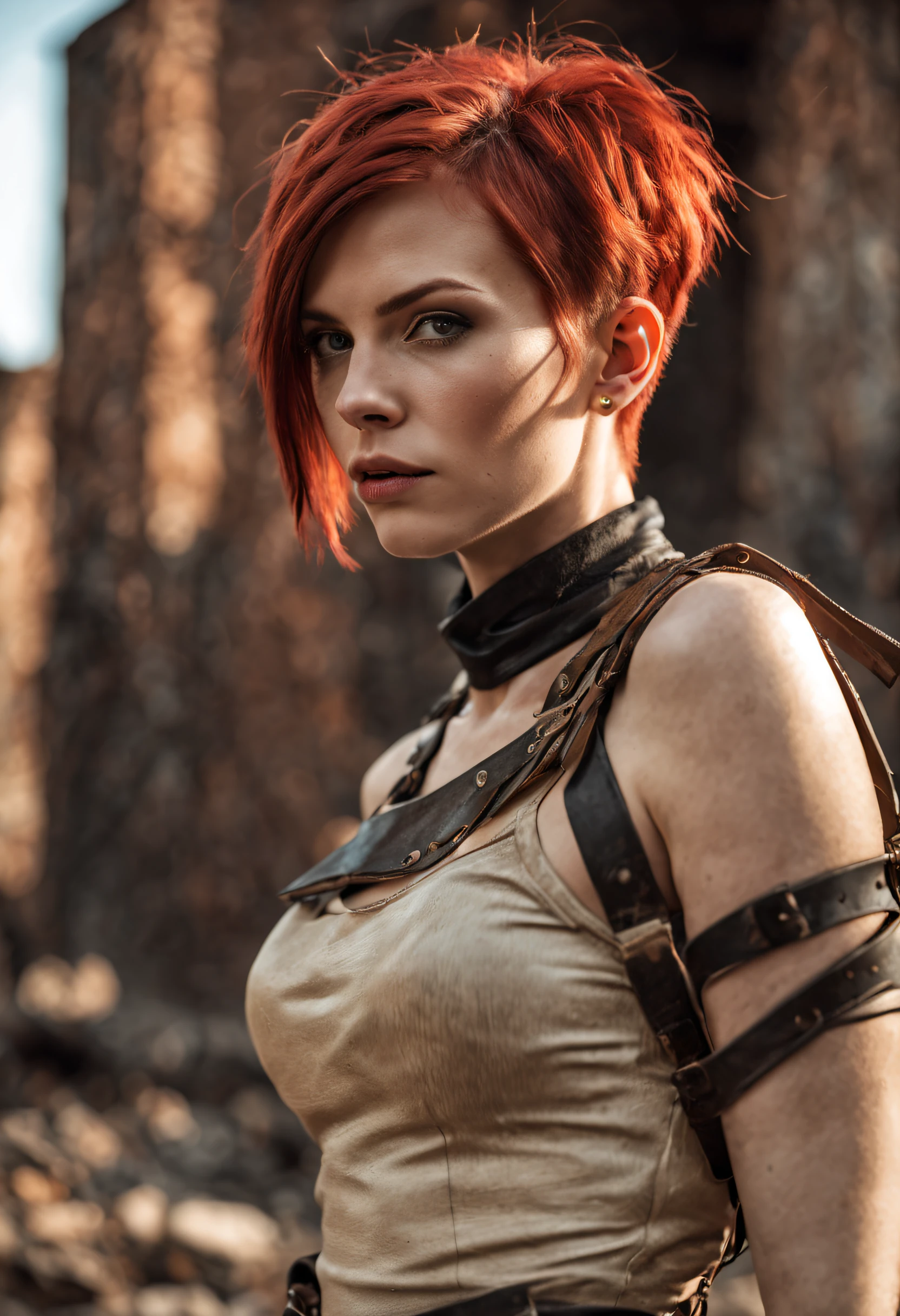 a mid portrait photo of 30 y.o woman in wastelander clothes, red hair, short haircut, pale skin, slim body, the background is city ruins, clean face, wearing a leather outfit, realistic textured eyes, (high detailed skin:1.2),8k uhd, dslr, soft lighting, high quality