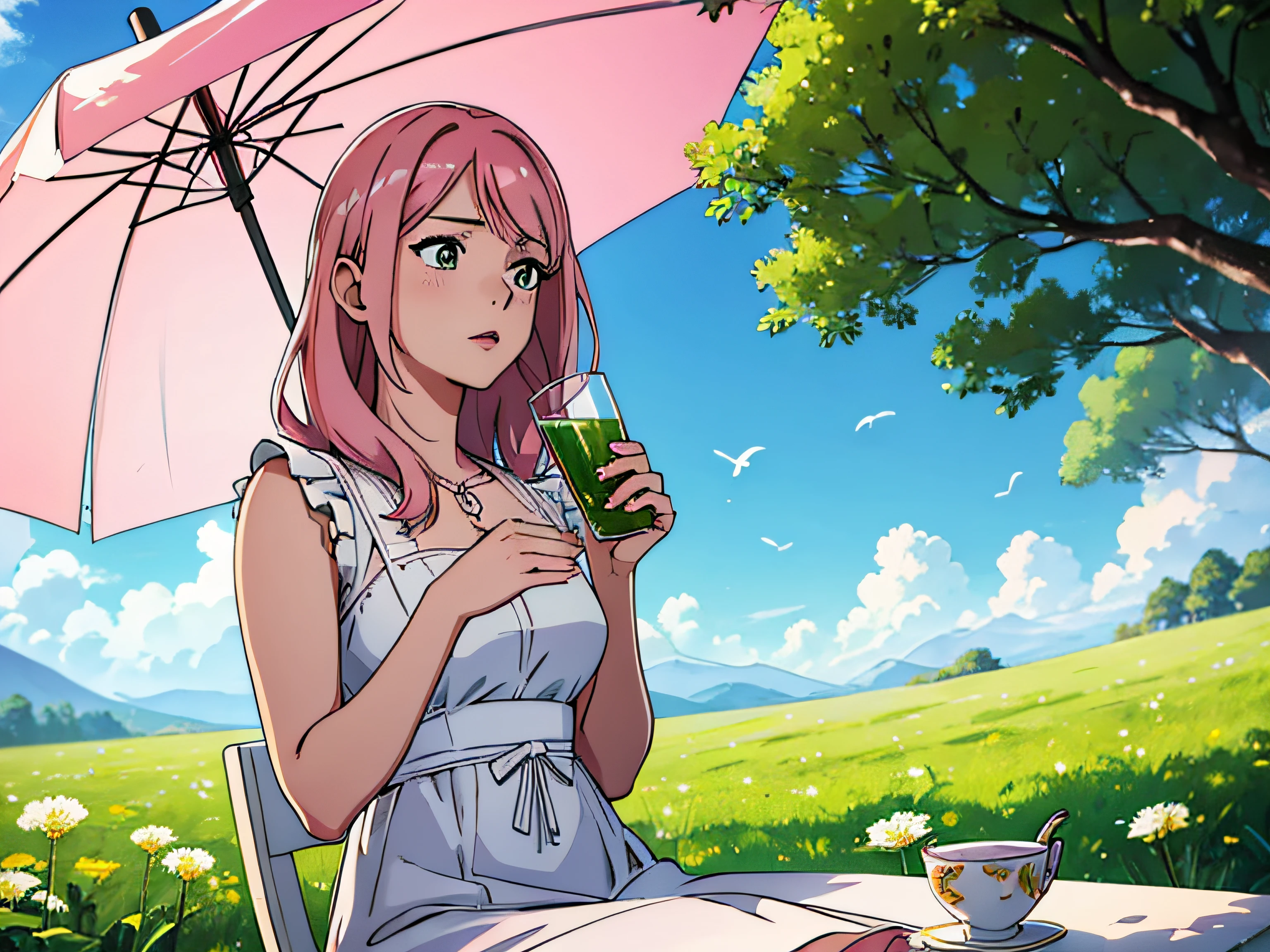 1anime girl sitting in nature at a white table under an umbrella and drinking tea, Beautiful girl in close plan, Average Breasts, pink hair, Tender Scene, Depth of field, Beautiful trees and flowers in the background, super detaill, detailized face, Detailed hands, Beautiful dress on a girl, super quality, tmasterpiece, blue sky with clouds, Realistic light, rassejanjy world, Flying dandelions in the background