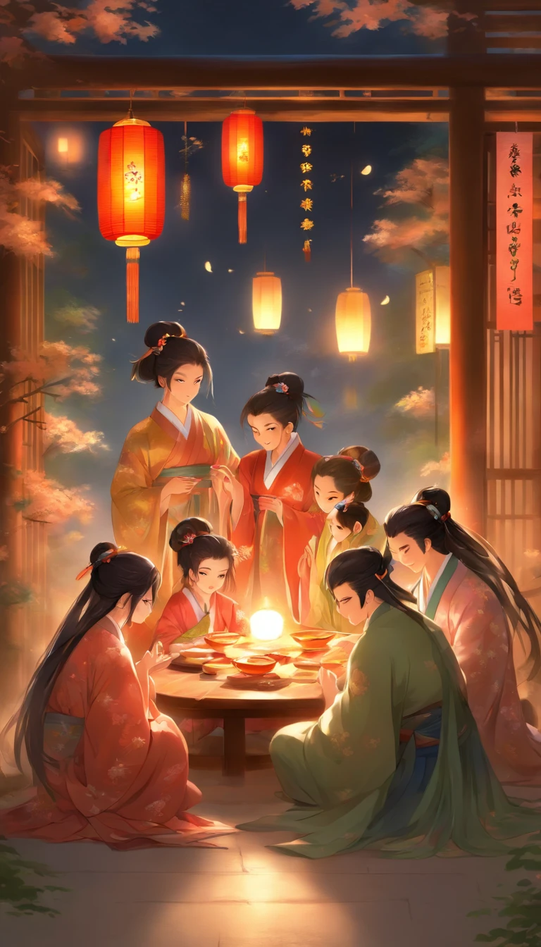 The family sits together in Hanfu, Enjoy a festive dinner, Surrounded by a warm and comfortable atmosphere. The room was beautifully decorated,Equipped with lanterns, Symbolizes the joy of the Mid-Autumn Festival. The table is filled with a variety of delicacies, Includes traditional mooncakes. Moonlight shone through the windows, Cast a soft glow on everyone's face. The family laughed and chatted, Express their love and happiness on this special occasion. The artwork is created with the finest materials, Such as oil painting or high-resolution digital rendering, Ensure the highest quality and detail. The colors are vivid and vibrant, Create visually stunning representations for holiday celebrations. Well-designed lighting, Focus on capturing the warm and tranquil atmosphere of the evening. The artwork is a masterpiece, With ultra-fine elements and realism, Photorealistic style. The moon in the night sky is depicted as a perfect circle, Represents the full moon of the Mid-Autumn Festival. The scene was full of fun, Love, and togetherness, Capture the essence of the festival.You can see the round moon hanging high