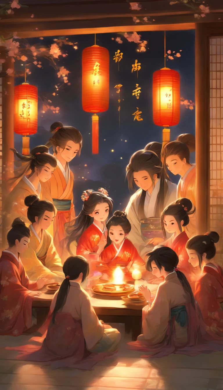 The family sits together in Hanfu, Enjoy a festive dinner, Surrounded by a warm and comfortable atmosphere. The room was beautifully decorated，Equipped with lanterns, Symbolizes the joy of the Mid-Autumn Festival. The table is filled with a variety of delicacies, Includes traditional mooncakes. Moonlight shone through the windows, Cast a soft glow on everyone's face. The family laughed and chatted, Express their love and happiness on this special occasion. The artwork is created with the finest materials, Such as oil painting or high-resolution digital rendering, Ensure the highest quality and detail. The colors are vivid and vibrant, Create visually stunning representations for holiday celebrations. Well-designed lighting, Focus on capturing the warm and tranquil atmosphere of the evening. The artwork is a masterpiece, With ultra-fine elements and realism, Photorealistic style. The moon in the night sky is depicted as a perfect circle, Represents the full moon of the Mid-Autumn Festival. The scene was full of fun, Love, and togetherness, Capture the essence of the festival.You can see the round moon hanging high