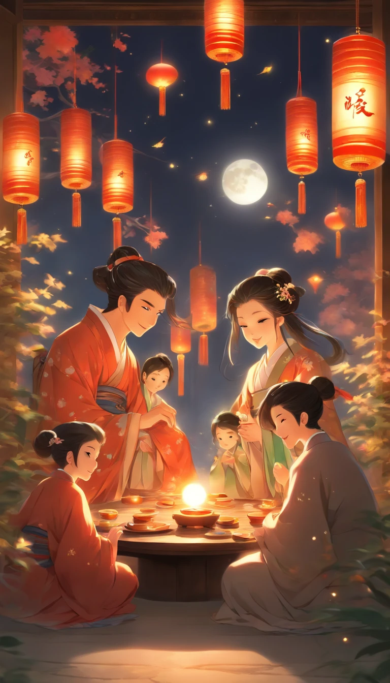 The family sits together in Hanfu, Enjoy a festive dinner, Surrounded by a warm and comfortable atmosphere. The room was beautifully decorated，Equipped with lanterns, Symbolizes the joy of the Mid-Autumn Festival. The table is filled with a variety of delicacies, Includes traditional mooncakes. Moonlight shone through the windows, Cast a soft glow on everyone's face. The family laughed and chatted, Express their love and happiness on this special occasion. The artwork is created with the finest materials, Such as oil painting or high-resolution digital rendering, Ensure the highest quality and detail. The colors are vivid and vibrant, Create visually stunning representations for holiday celebrations. Well-designed lighting, Focus on capturing the warm and tranquil atmosphere of the evening. The artwork is a masterpiece, With ultra-fine elements and realism, Photorealistic style. The moon in the night sky is depicted as a perfect circle, Represents the full moon of the Mid-Autumn Festival. The scene was full of fun, Love, and togetherness, Capture the essence of the festival.You can see the round moon hanging high