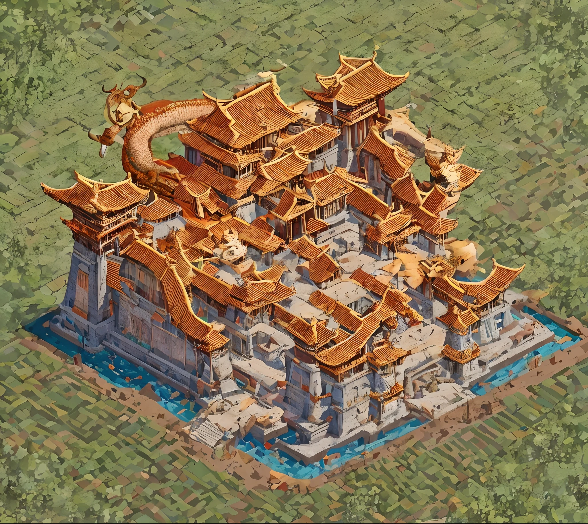 Close-up of the building，There is a dragon on it, Beautiful rendering of the Tang Dynasty, fortress mega structure city, Tang Dynasty Palace, Chinese style buildings, monumental giant palace, large temples, Ancient temple, chinese three kingdoms, feudal japanese setting，SLG games，Top angle of view