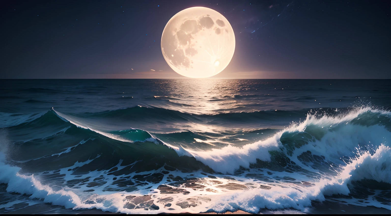 A full moon rises over the sparkling sea，pure，Intentional realm，Lots of detail