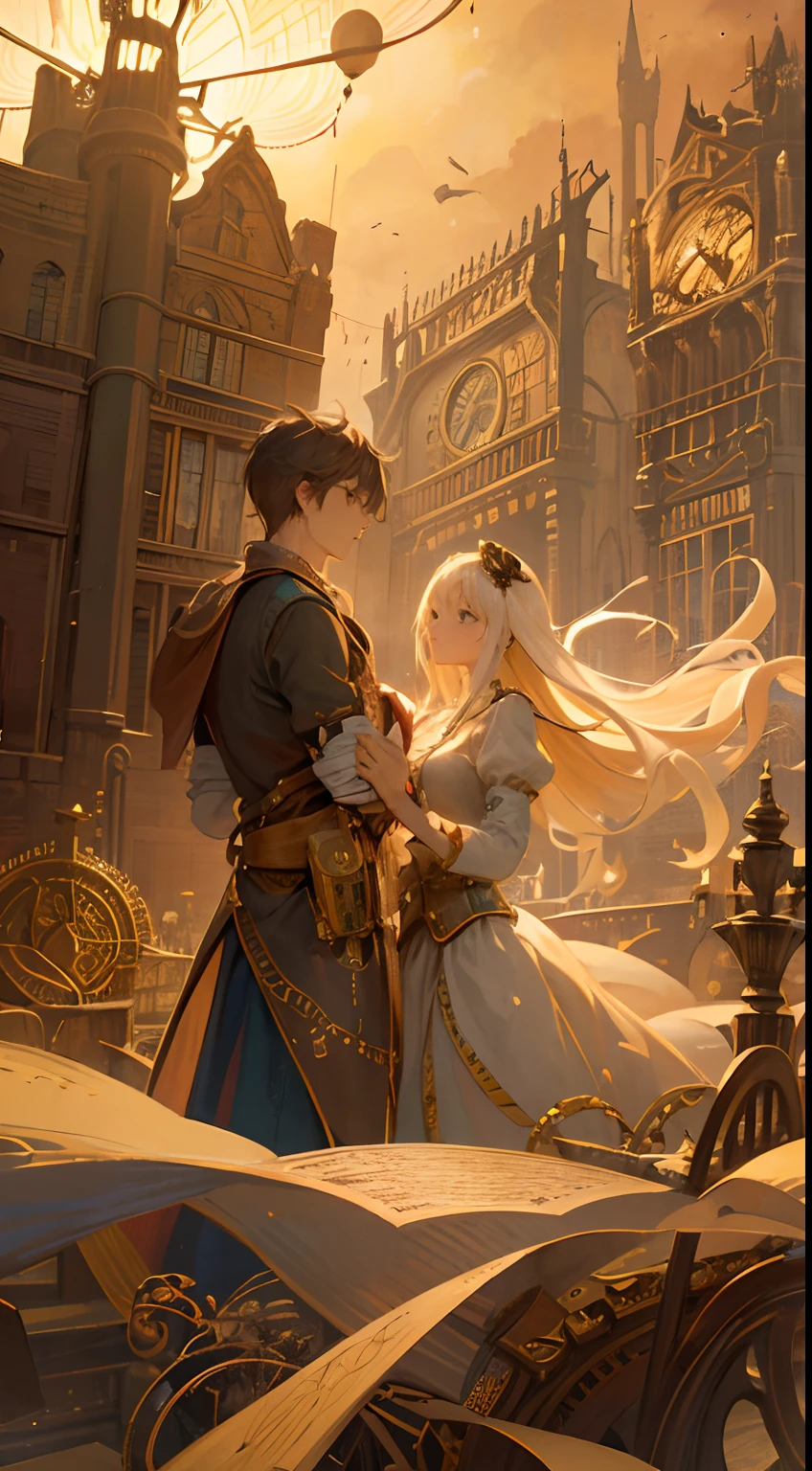 "A romantic, hand-painted illustration portraying a long-distance love story set in a whimsical, steampunk-inspired world. The lovers exchange heartfelt letters carried by whimsical airships, each letter a symbol of their enduring affection. The sky is filled with floating islands, intricate clockwork machinery, and hot air balloons. The art style should resemble the works of Chris Riddell, with intricate line work and steampunk elements. Use a medium telephoto lens to capture the details of the airships and the lovers' expressions. Render the image with warm, nostalgic lighting and sepia tones."