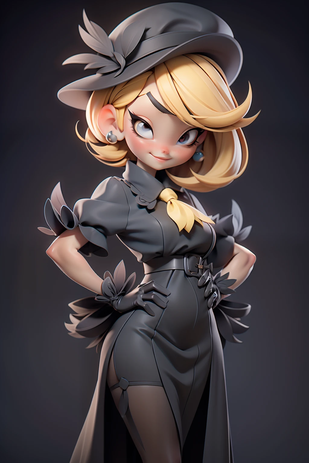 girl with short yellow blond hair,fine tall lady, black gloves, black long dress(paris style), hat with feathers, red necktie, cute pretty face with wide eye, france background