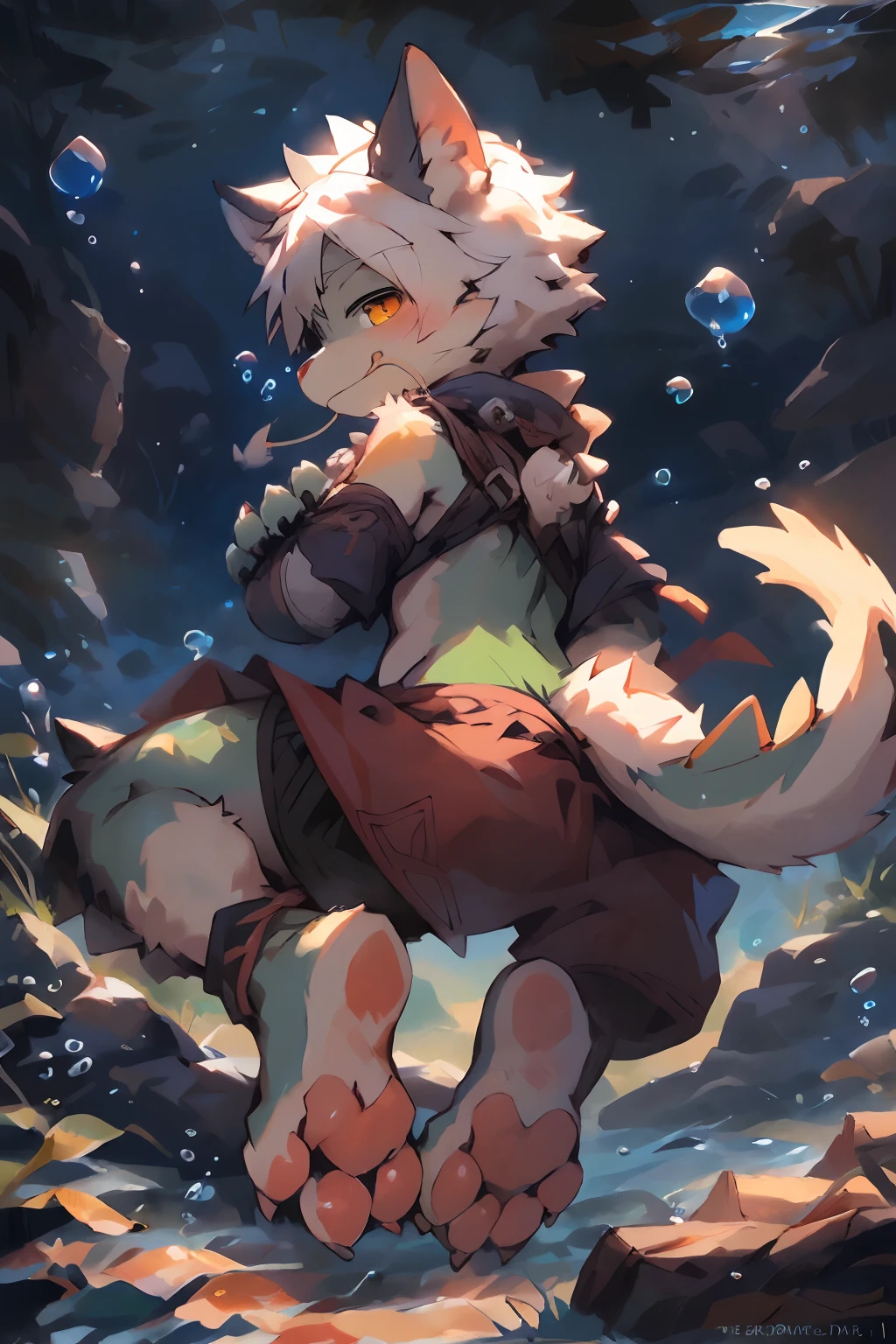 ((Looking back, Smug))), (((barbel \(parfect anatomy\)))),, Strong, (from back), ((Show your paws,Foot focus,clawed paws)), ((Underwater, Bubble, airbubble,The fish)), Tail, Old, barbel, fluffy mane, komono, Yupa, Kiyosan, Green body, White hair, Amber eyes, (by Kenket), (by Pino Daeni)by Pino Daeni, canyne khai, milkytiger1145, Dagasi, Yupa, Tik ,Protective goggles