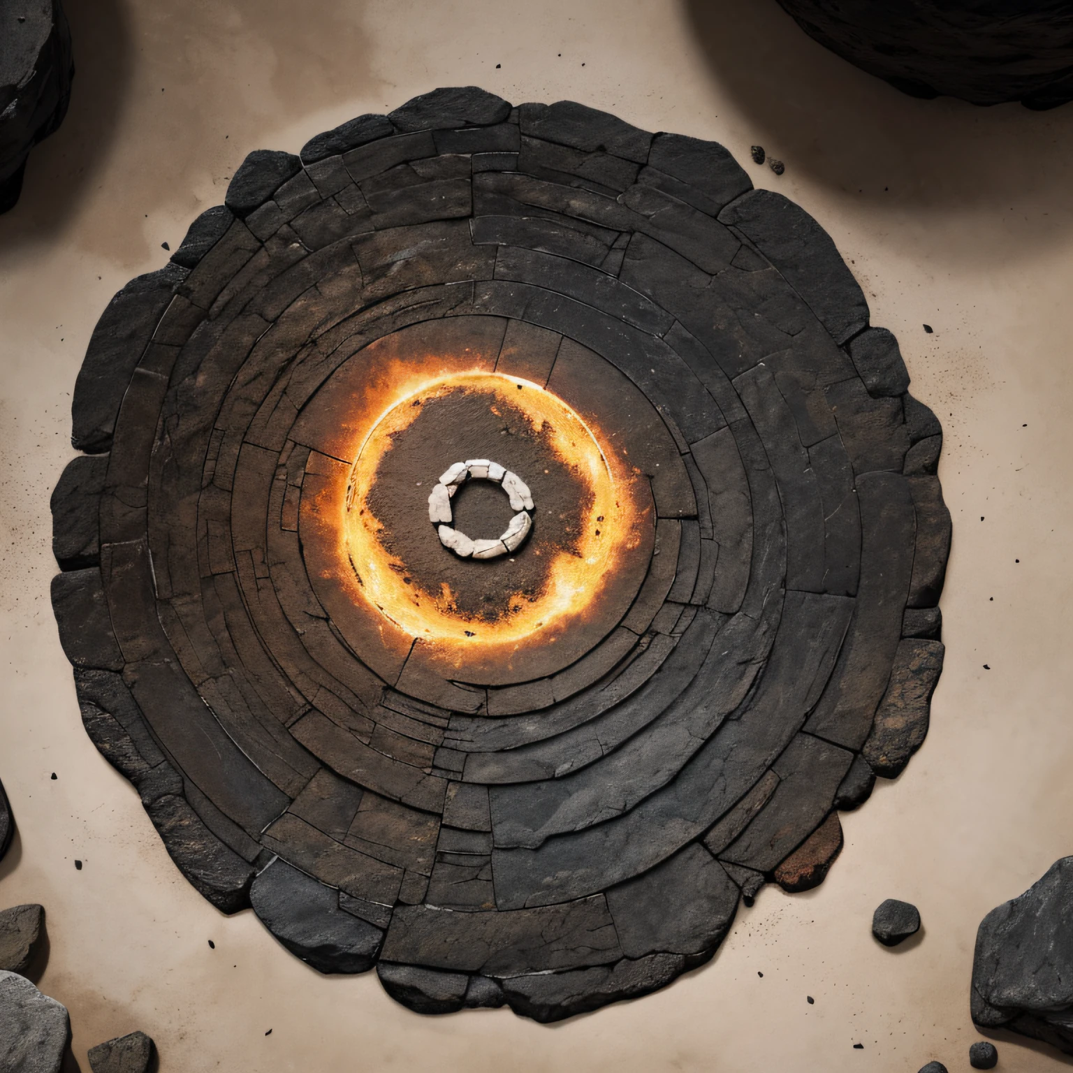 icon, minimalism, text "Unstable diffusion" in the center, paper texture, Color logo, 2D, A circle of crumbling stones in the center of a lava lake, centred, No tipping over, top down view, Warm and dark tones