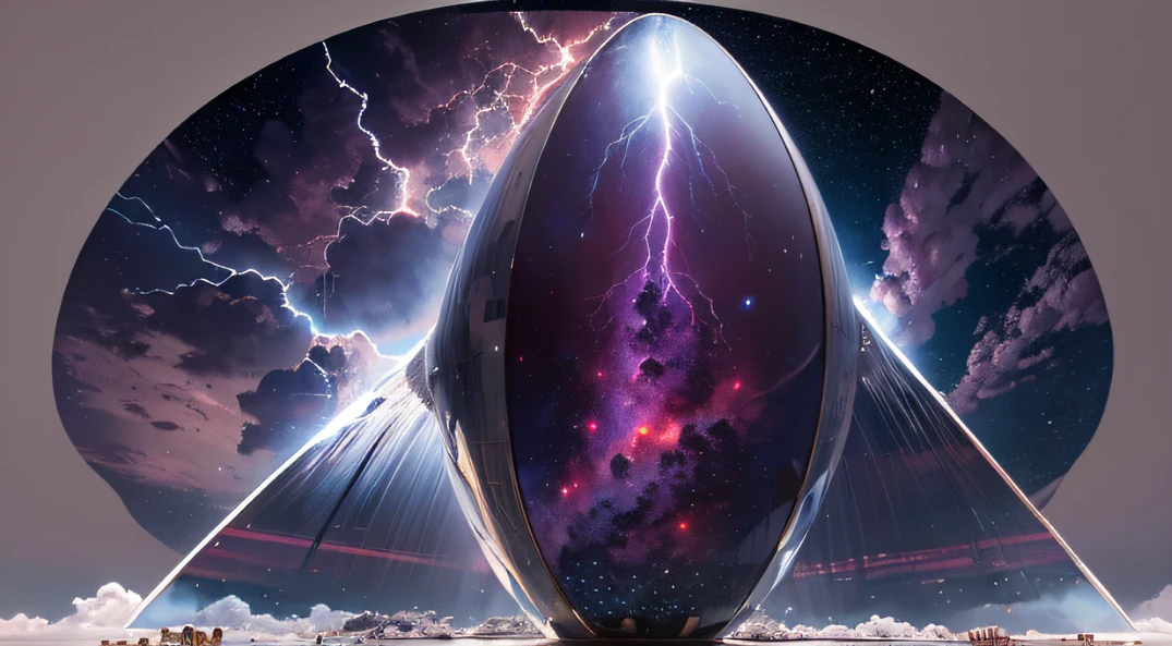 Giant teardrop-shaped crystal cosmic elliptical ship，，Skysky，dark stormy clouds，Sky full of lightning， It will be a thunderstorm，