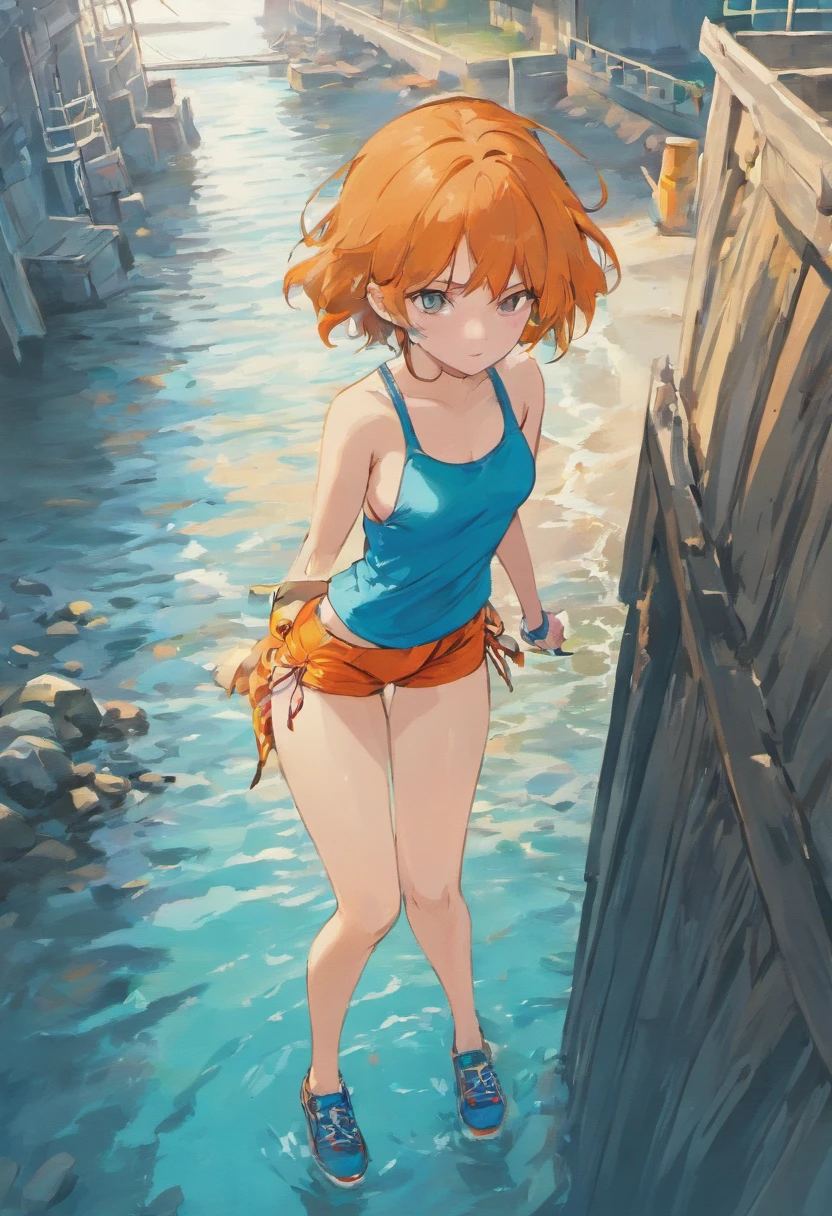 Girl Fishing,Blue Bikini,a belt,Blue shorts,Blue sneakers,Brown's shortcuts,Orange visor,Sit on rocky ground,the beach,You can see the island in the distance,Fishing port