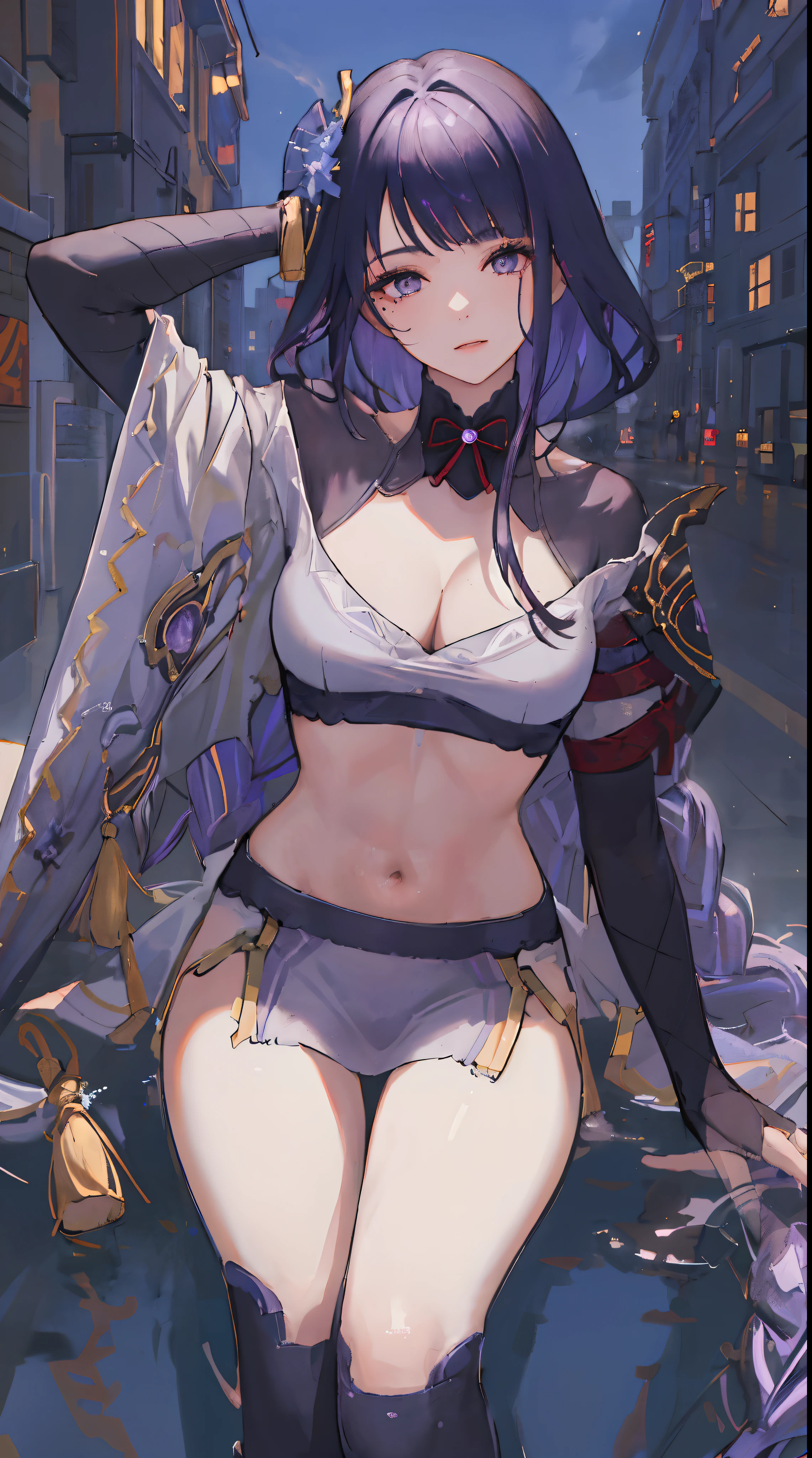 ((Realistic lighting, Best quality, 8K, Masterpiece: 1.3)), Clear focus: 1.2, 1girl, Perfect Figure: 1.4, Slim Abs: 1.1, ((purple hair)), (White crop top: 1.4), (Outdoor, Night: 1.1), City streets, Super fine face, Fine eyes, Glasses, Double eyelids,