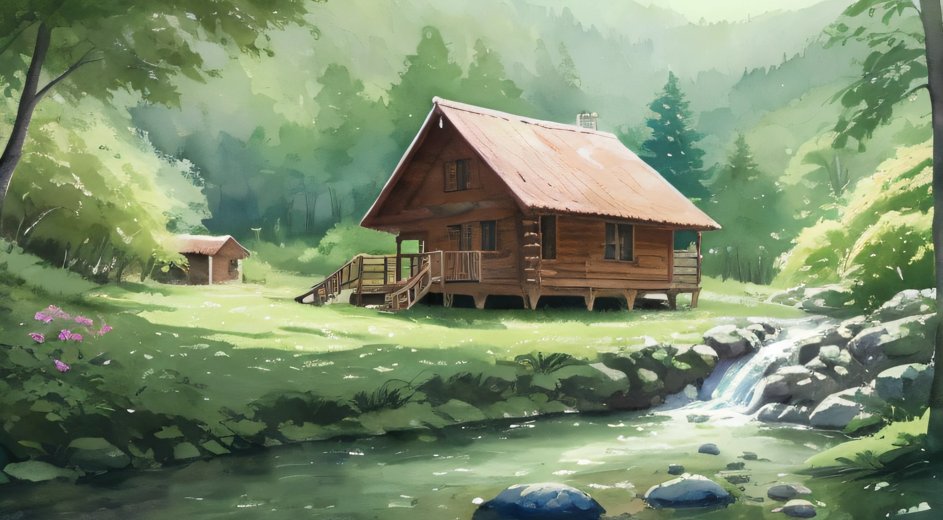 painting of a cabin under the big tree, stream with a waterfall, children play around cabin, 4 k watercolor painting, beautiful painting, 4 k, cottage in the forest, beautiful watercolor painting on paper, beautiful digital painting, smooth oil painting, beautiful art uhd 4 k, 8 k hd detailed oil painting, oil digital painting, Inspired by Thomas Kinkade.