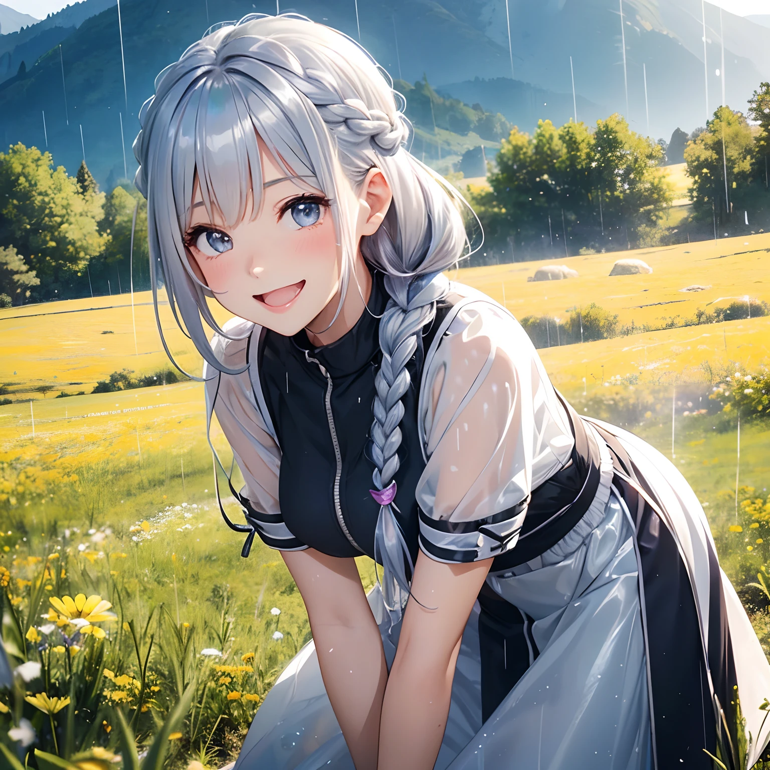 finest image, cute girl, laugh, happy, shy, light silver glossy updo braided iridescent hair style, background meadow on the hill, clear skies, sun and sunlight, rain and raindrops, professional lighting