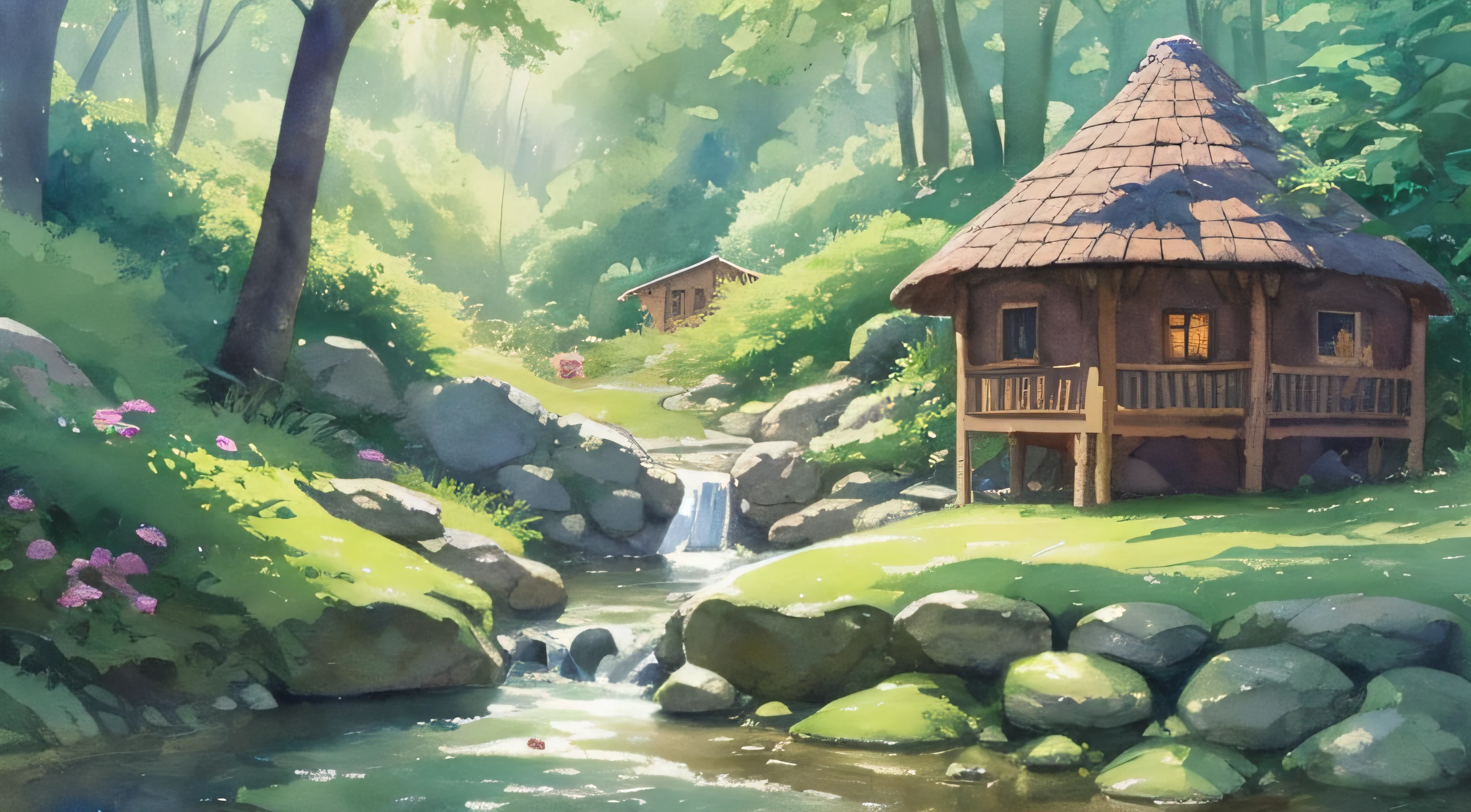 painting of a cabin under the big tree, stream with a waterfall, children play around cabin,  4 k watercolor painting, beautiful painting, 4 k, cottage in the forest, beautiful watercolor painting on paper, beautiful digital painting, smooth oil painting, beautiful art uhd 4 k, 8 k hd detailed oil painting, oil digital painting, Inspired by Thomas Kinkade.